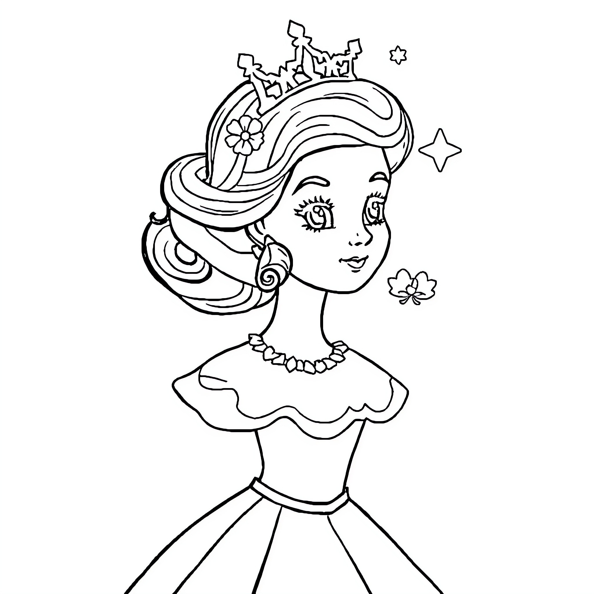 Princess in Fancy Dress Posing Happily Coloring Page (free black-and-white line drawing printable PDF for all, from beginners to advanced learners, including children, teens, adults, and seniors)