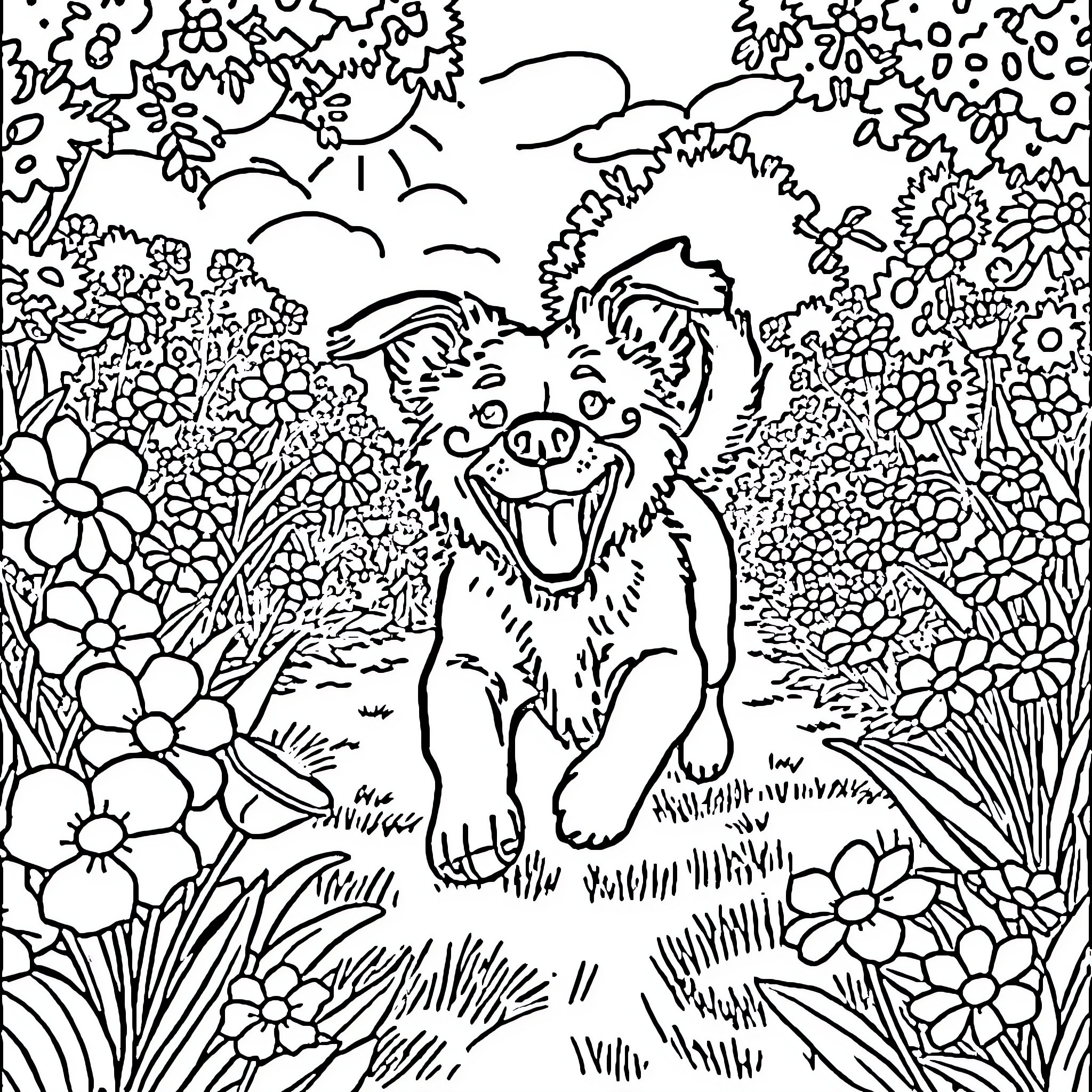 Dog enjoying playful garden scenery Coloring Page (free black-and-white line drawing printable PDF for all, from beginners to advanced learners, including children, teens, adults, and seniors)