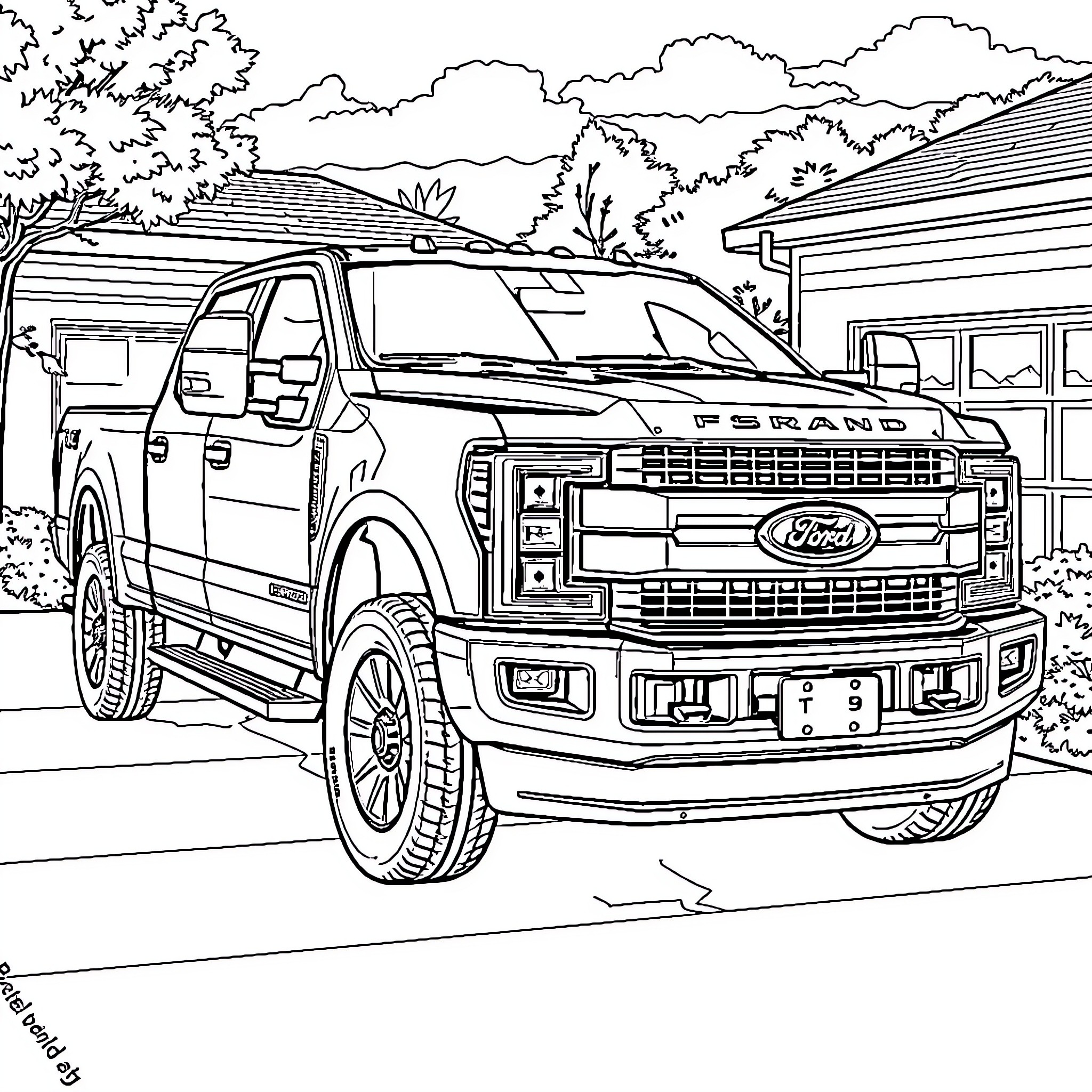 F350 heavy-duty pickup truck in rural setting Coloring Page (free black-and-white line drawing printable PDF for all, from beginners to advanced learners, including children, teens, adults, and seniors)