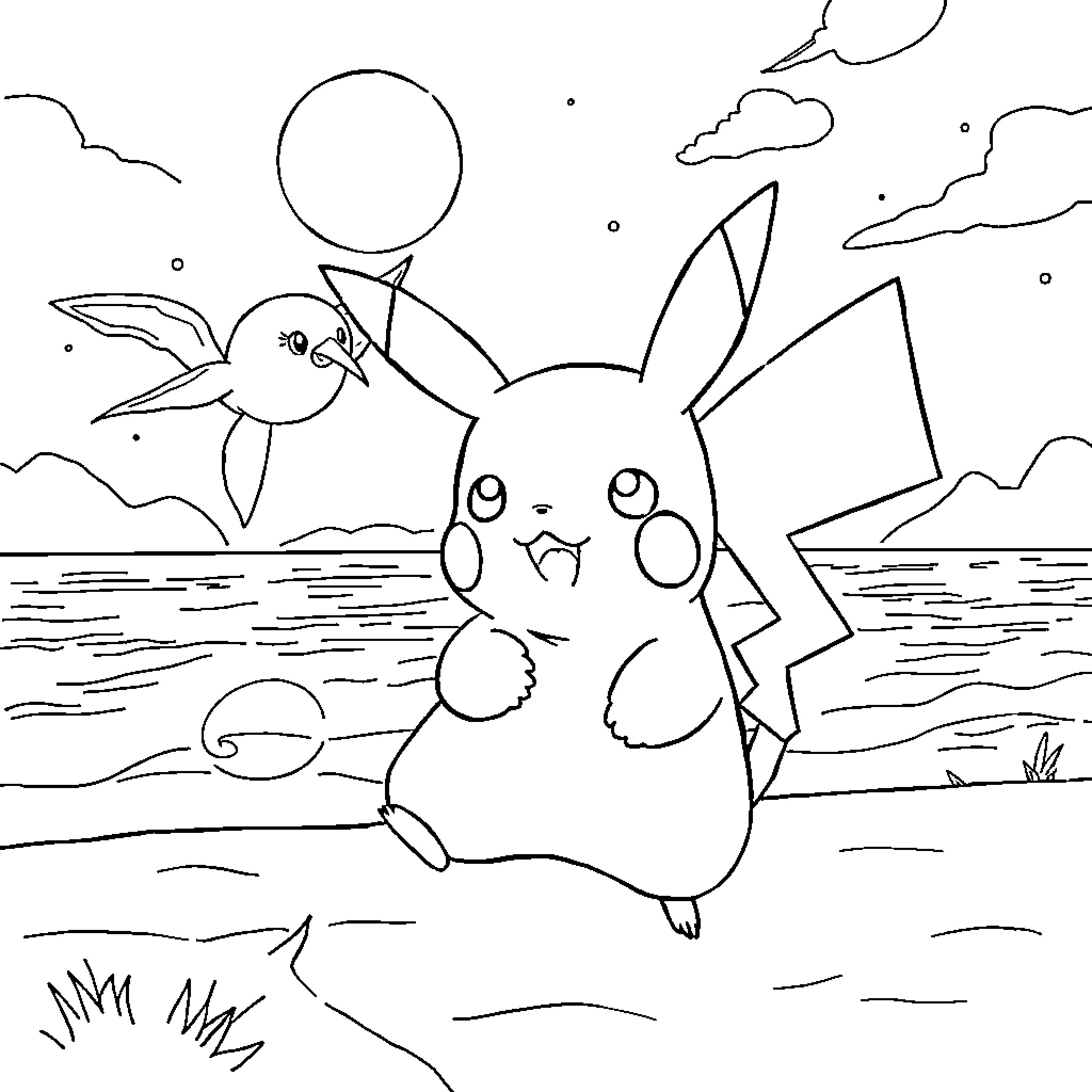 Pikachu playing happily by the sea Coloring Page (free black-and-white line drawing printable PDF for all, from beginners to advanced learners, including children, teens, adults, and seniors)