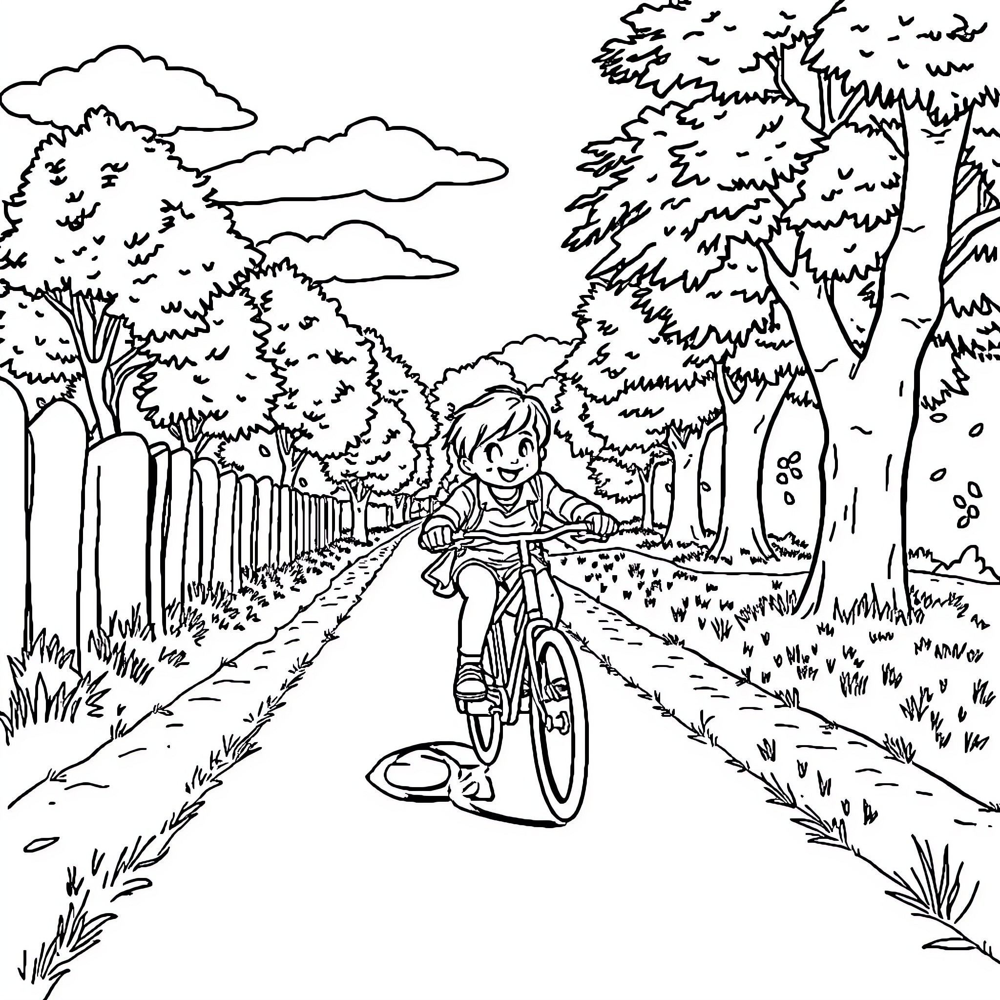 Boy riding bicycle on a path through the forest Coloring Page (free black-and-white line drawing printable PDF for all, from beginners to advanced learners, including children, teens, adults, and seniors)