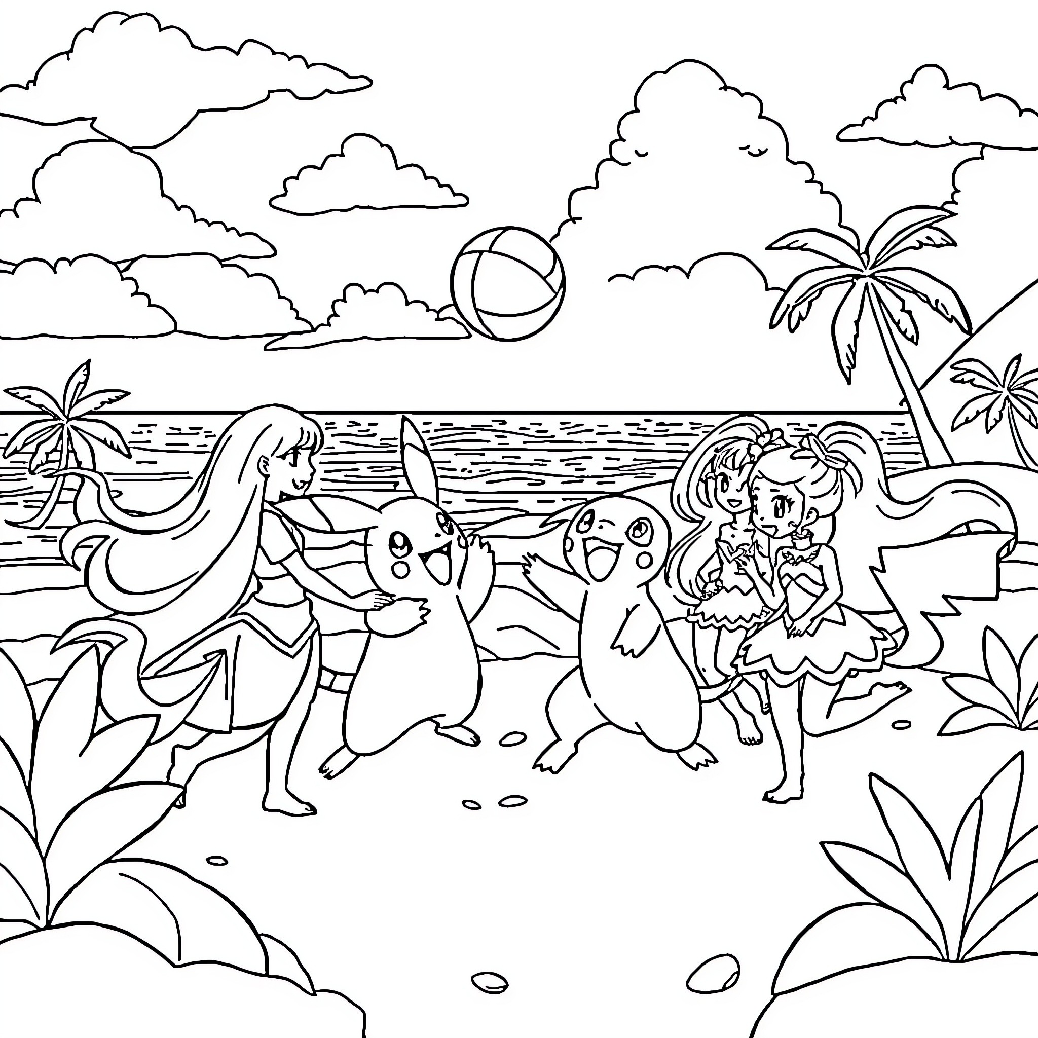 Pokémon characters playing on the beach Coloring Page (free black-and-white line drawing printable PDF for all, from beginners to advanced learners, including children, teens, adults, and seniors)