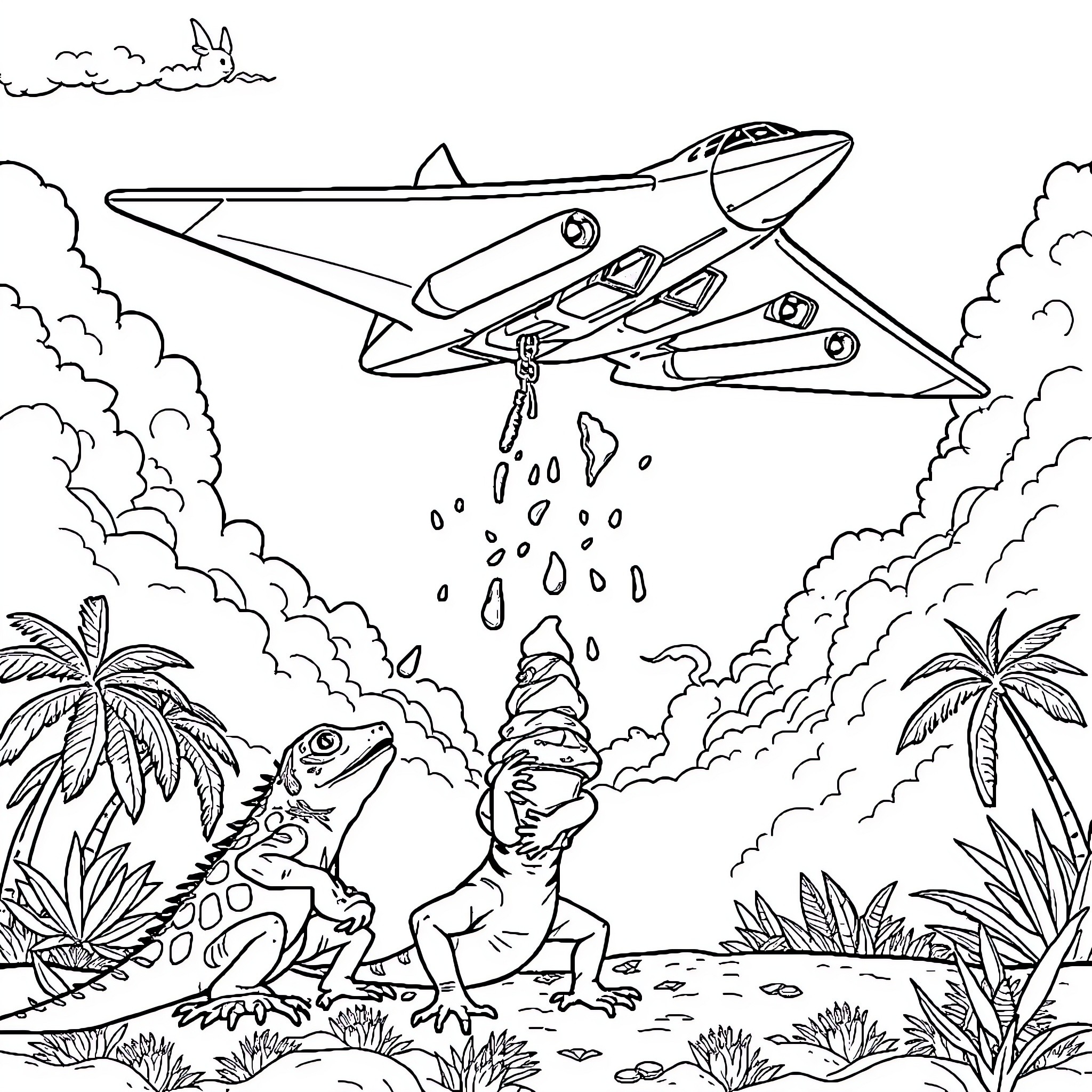 Stealth Bomber takes action in tropical landscape Coloring Page (free black-and-white line drawing printable PDF for all, from beginners to advanced learners, including children, teens, adults, and seniors)