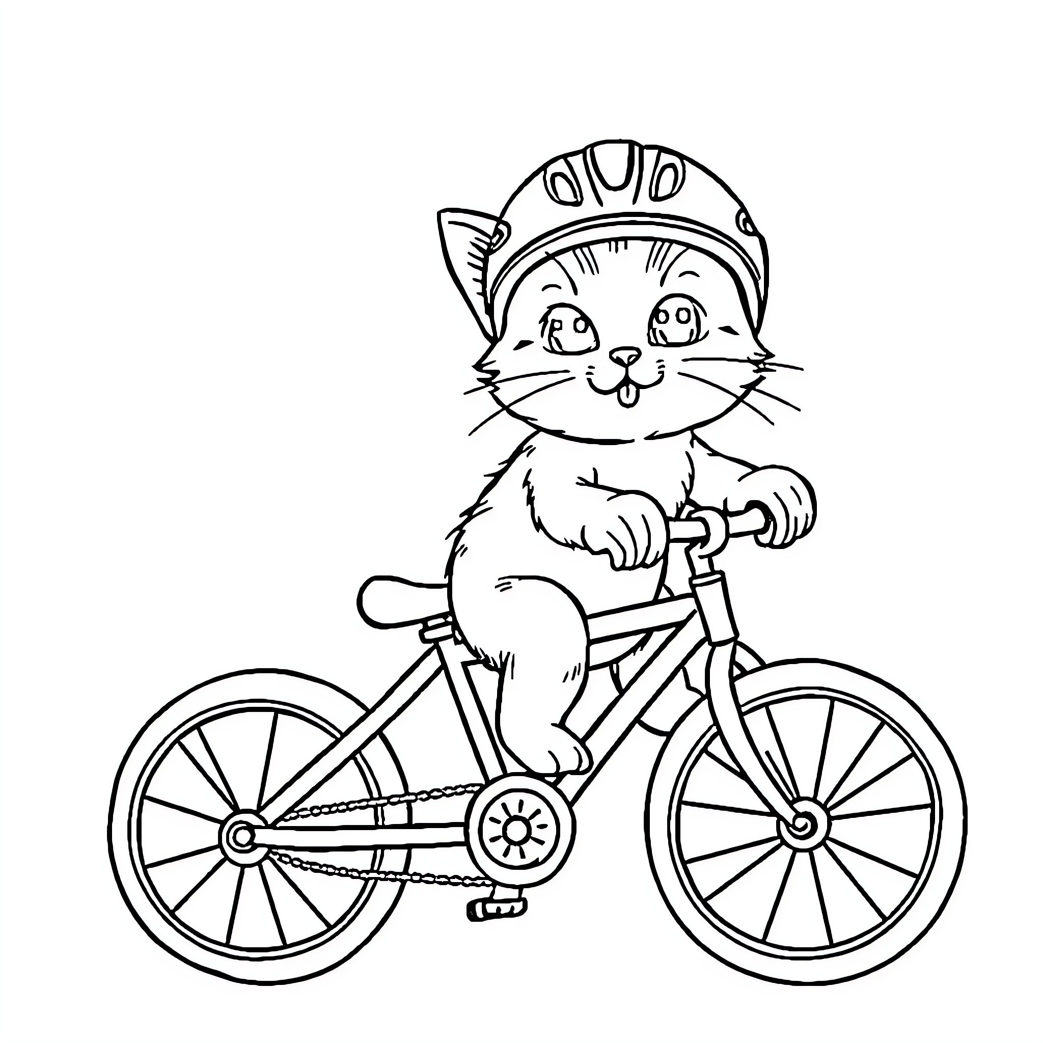 Cat riding a bicycle in a helmet Coloring Page (free black-and-white line drawing printable PDF for all, from beginners to advanced learners, including children, teens, adults, and seniors)