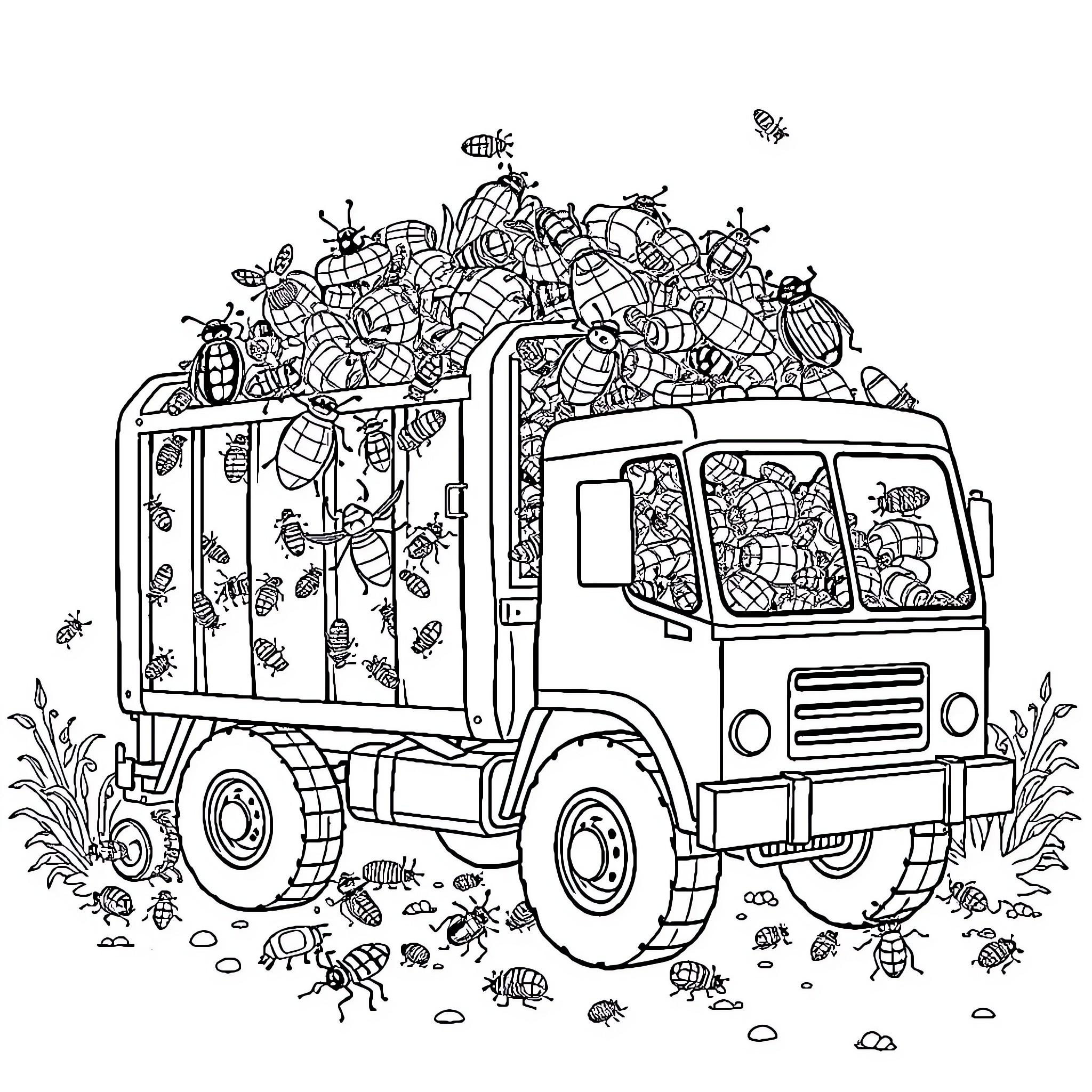 Garbage Truck Loaded with Discarded Items and Creatures Coloring Page (free black-and-white line drawing printable PDF for all, from beginners to advanced learners, including children, teens, adults, and seniors)