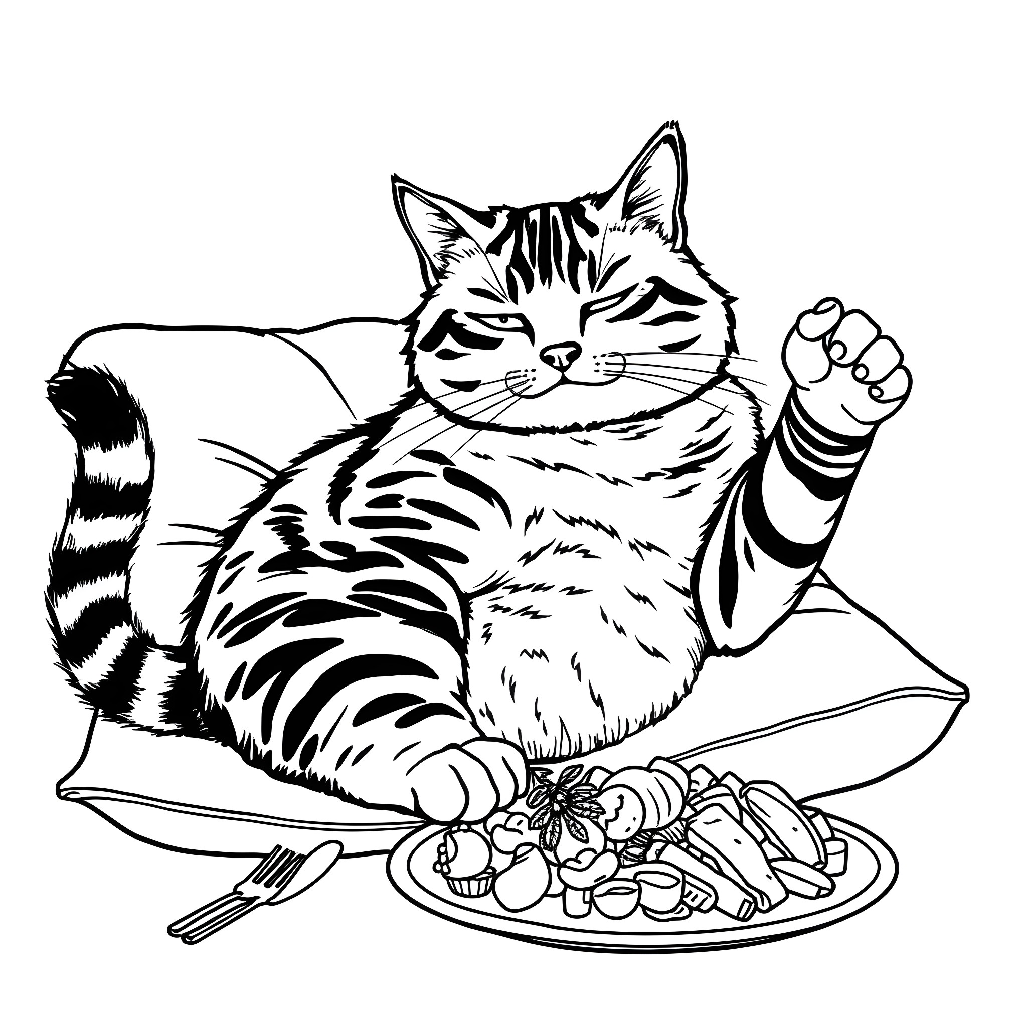 Cat enjoying a hearty meal Coloring Page (free black-and-white line drawing printable PDF for all, from beginners to advanced learners, including children, teens, adults, and seniors)