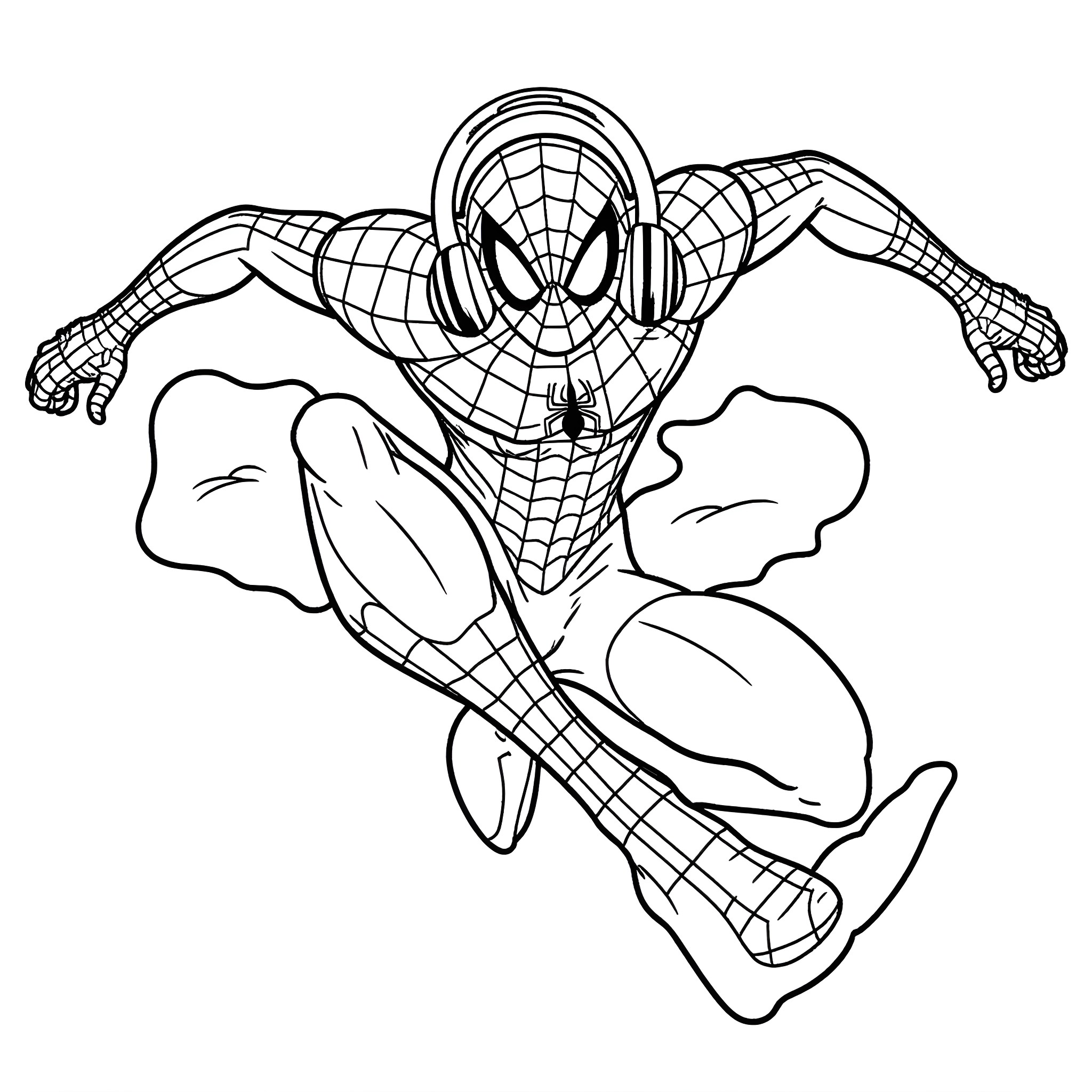Spider-Man swinging through the air Coloring Page (free black-and-white line drawing printable PDF for all, from beginners to advanced learners, including children, teens, adults, and seniors)