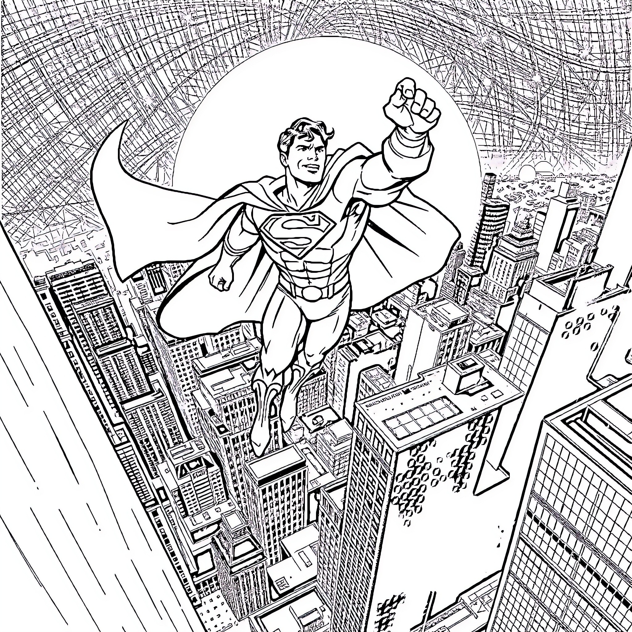 Superman soaring over the city in heroic pose Coloring Page (free black-and-white line drawing printable PDF for all, from beginners to advanced learners, including children, teens, adults, and seniors)