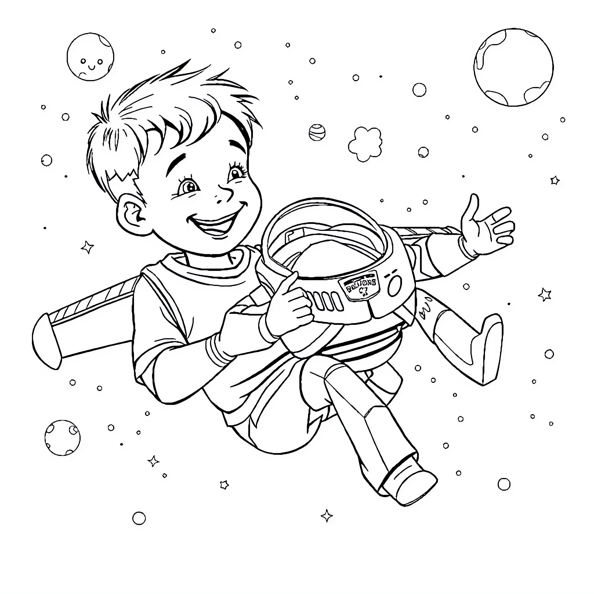 Boy playing with space toys in galaxy Coloring Page (free black-and-white line drawing printable PDF for all, from beginners to advanced learners, including children, teens, adults, and seniors)