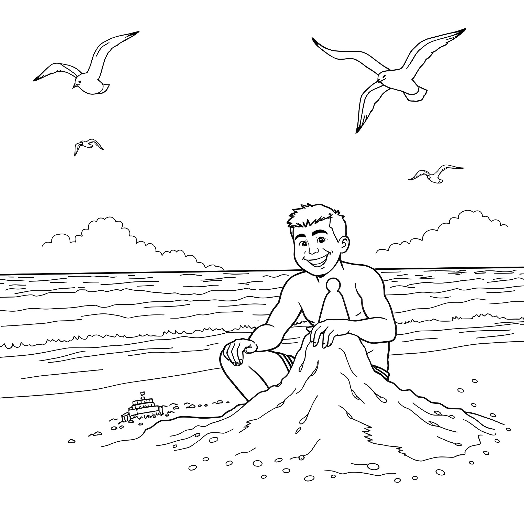 Guy relaxing on the beach near the sea Coloring Page (free black-and-white line drawing printable PDF for all, from beginners to advanced learners, including children, teens, adults, and seniors)