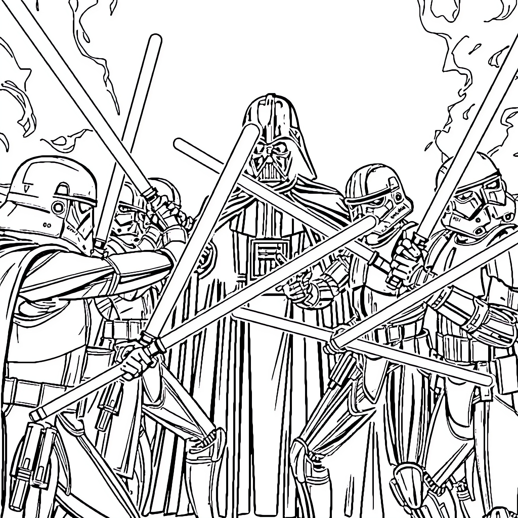 Jedi warriors engaged in epic lightsaber battle Coloring Page (free black-and-white line drawing printable PDF for all, from beginners to advanced learners, including children, teens, adults, and seniors)