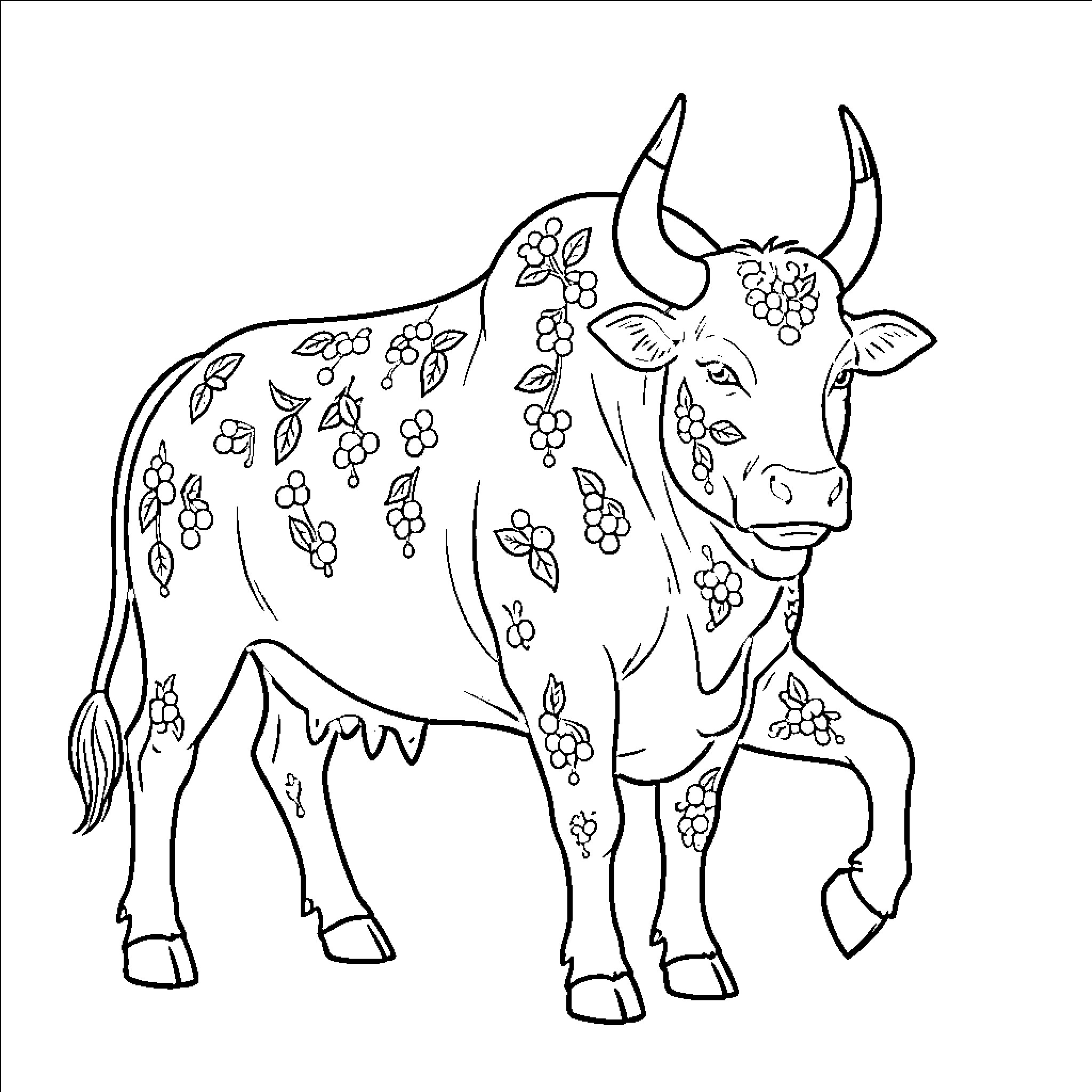Bull with floral patterns and expressions Coloring Page (free black-and-white line drawing printable PDF for all, from beginners to advanced learners, including children, teens, adults, and seniors)