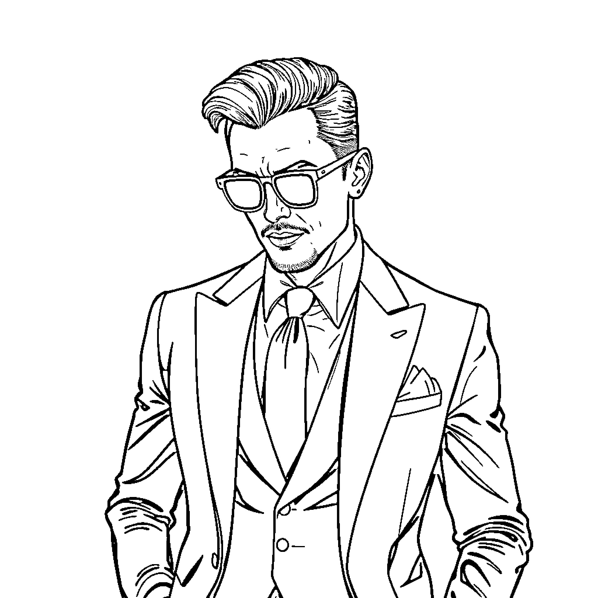 Man in formal attire with glasses and styled hair Coloring Page (free black-and-white line drawing printable PDF for all, from beginners to advanced learners, including children, teens, adults, and seniors)
