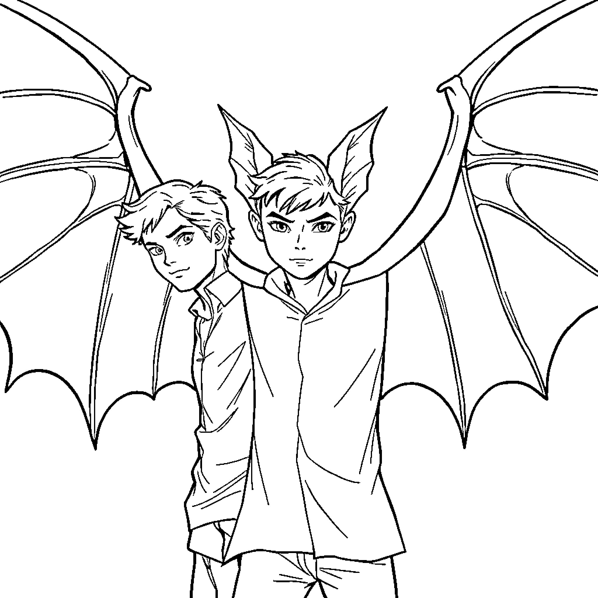 Male Fairy-like Characters in Winged Outfits Coloring Page (free black-and-white line drawing printable PDF for all, from beginners to advanced learners, including children, teens, adults, and seniors)