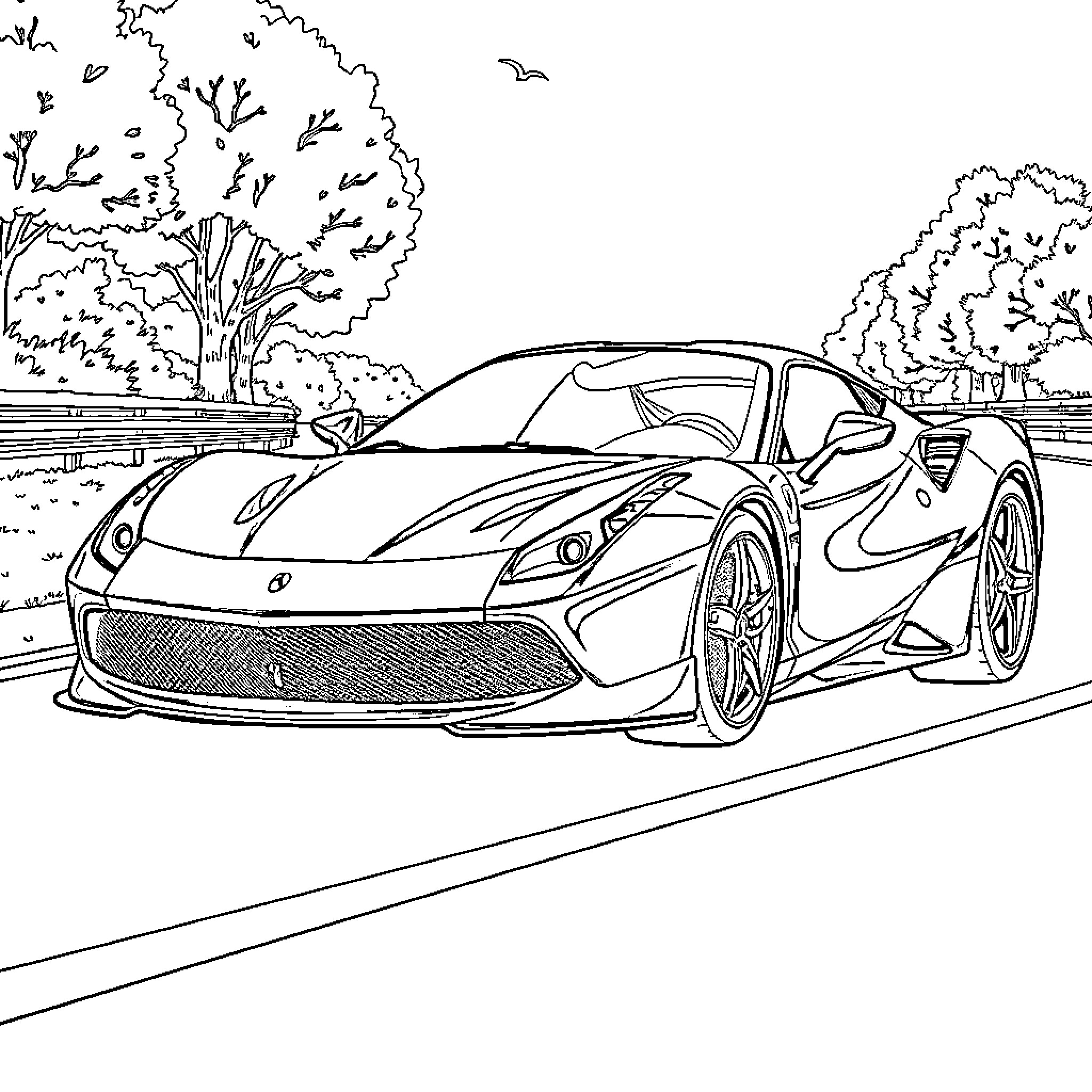 Ferrari sports car speeding through a scenic landscape Coloring Page (free black-and-white line drawing printable PDF for all, from beginners to advanced learners, including children, teens, adults, and seniors)