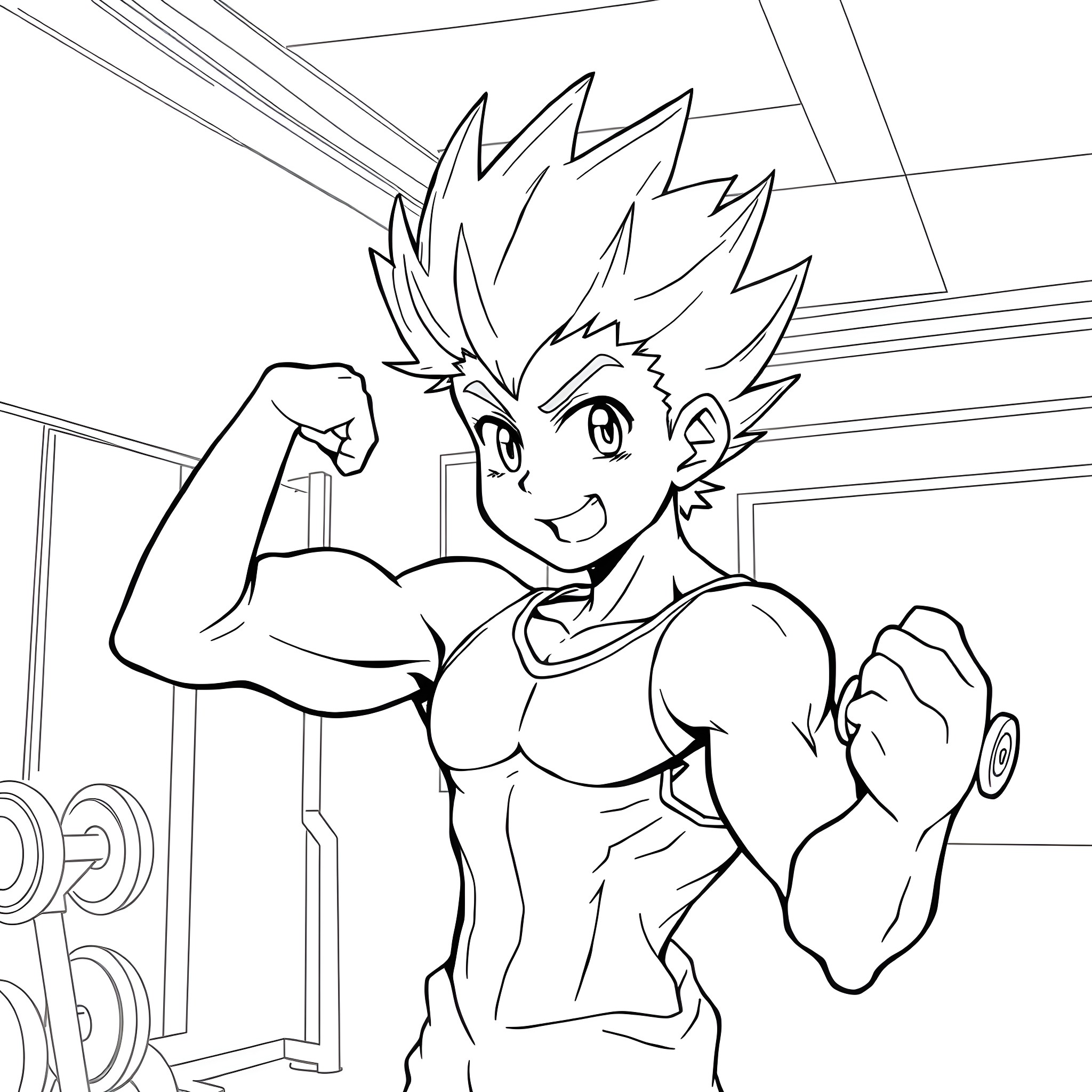 Anime Character Flexing Muscles in Gym Coloring Page (free black-and-white line drawing printable PDF for all, from beginners to advanced learners, including children, teens, adults, and seniors)