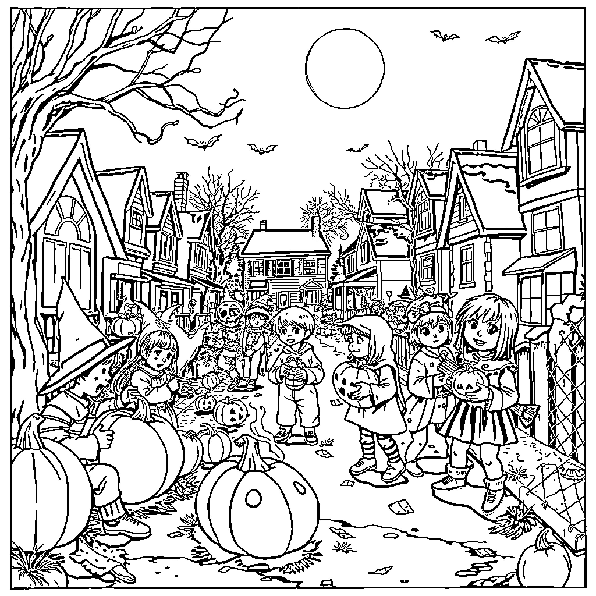 Halloween in the Charming Neighborhood Coloring Page (free black-and-white line drawing printable PDF for all, from beginners to advanced learners, including children, teens, adults, and seniors)