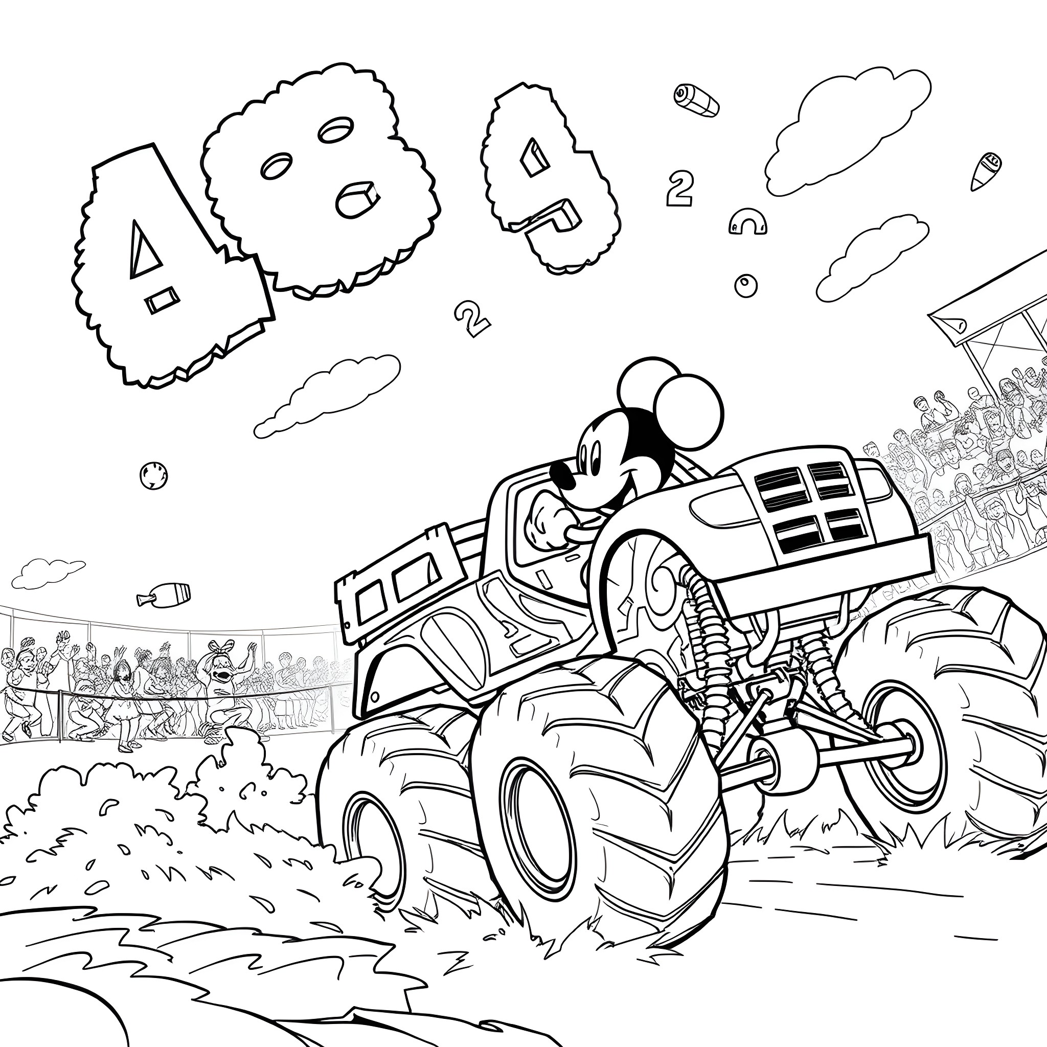 Monster Truck Crushing Cars with Cartoon Character Coloring Page (free black-and-white line drawing printable PDF for all, from beginners to advanced learners, including children, teens, adults, and seniors)