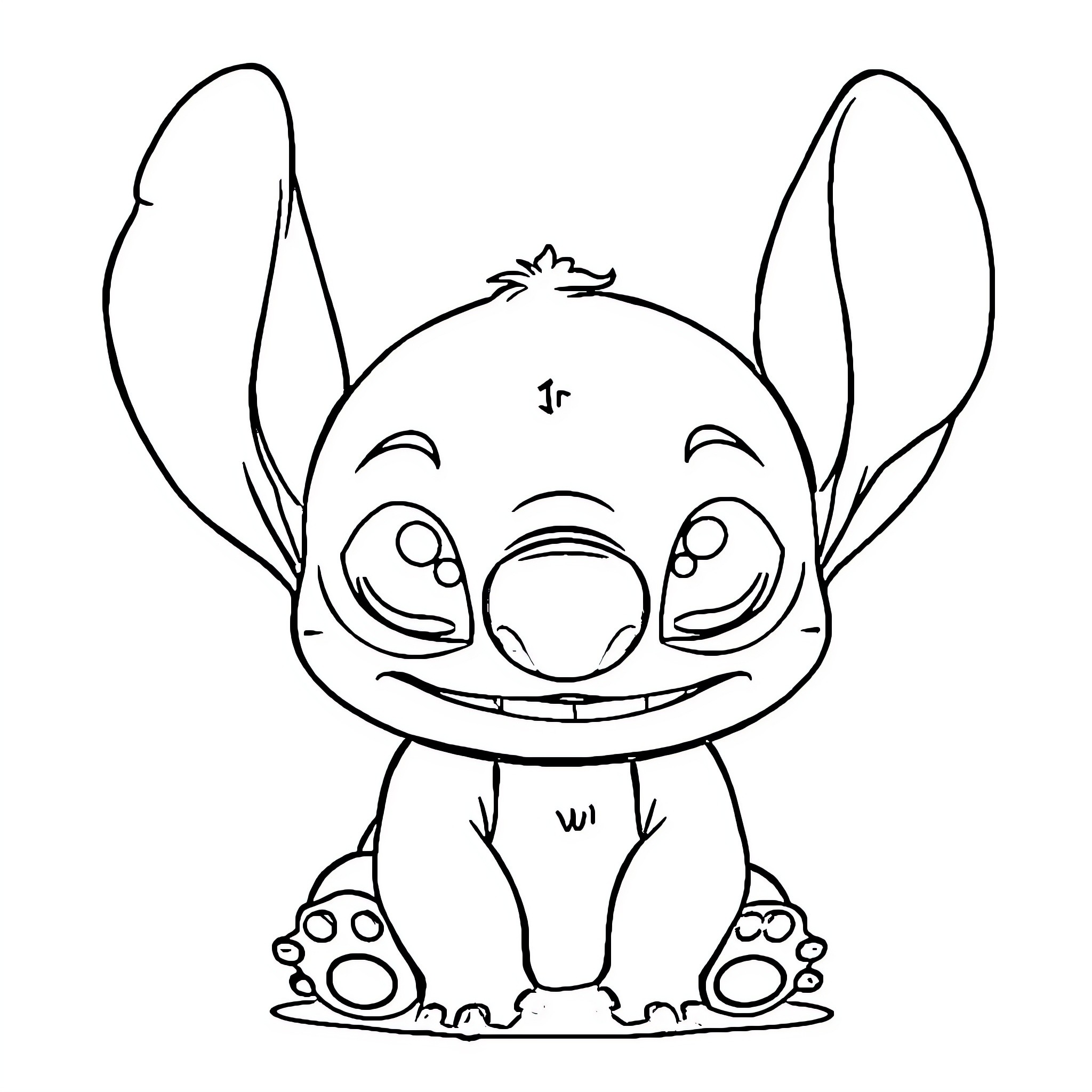 Stitch smiling and sitting happily Coloring Page (free black-and-white line drawing printable PDF for all, from beginners to advanced learners, including children, teens, adults, and seniors)