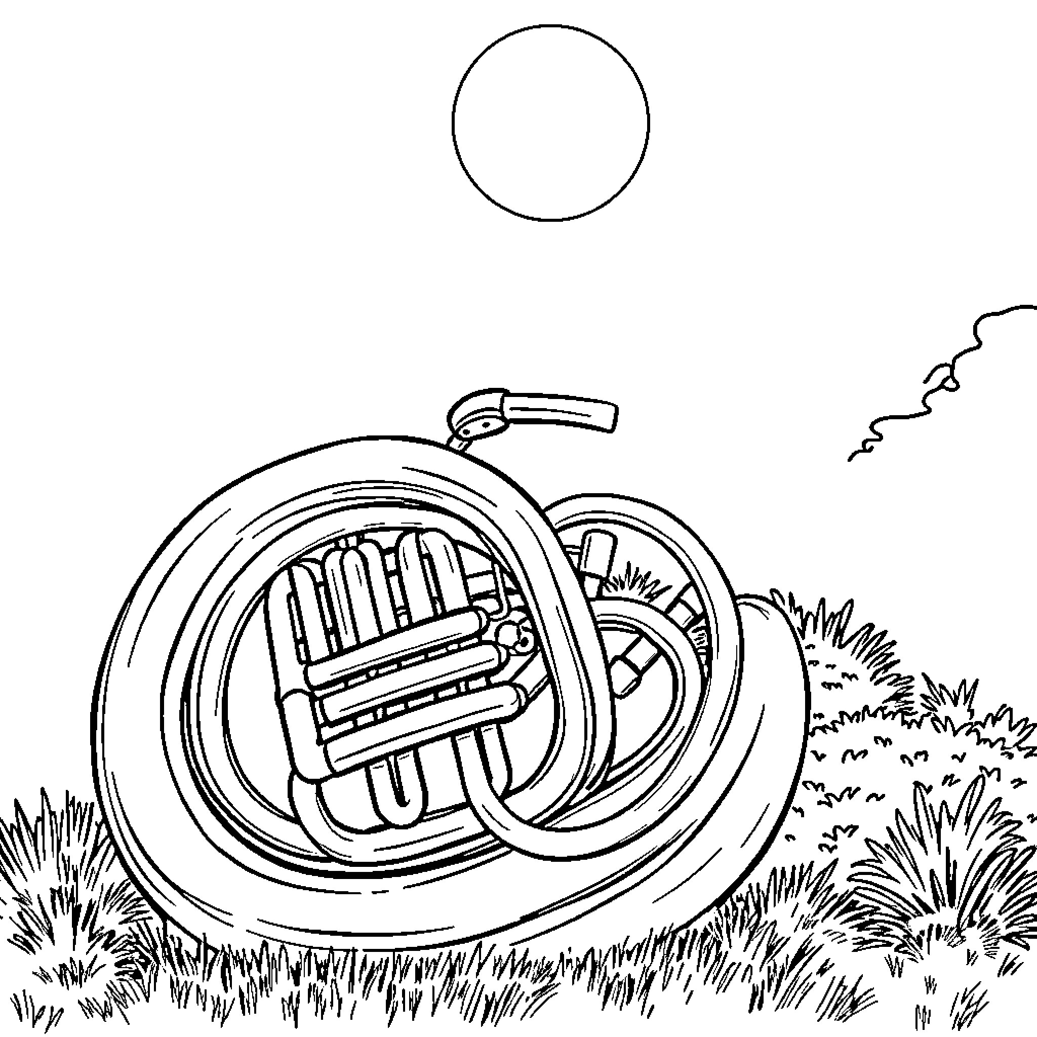 Sousaphone in grassy field with sun Coloring Page (free black-and-white line drawing printable PDF for all, from beginners to advanced learners, including children, teens, adults, and seniors)