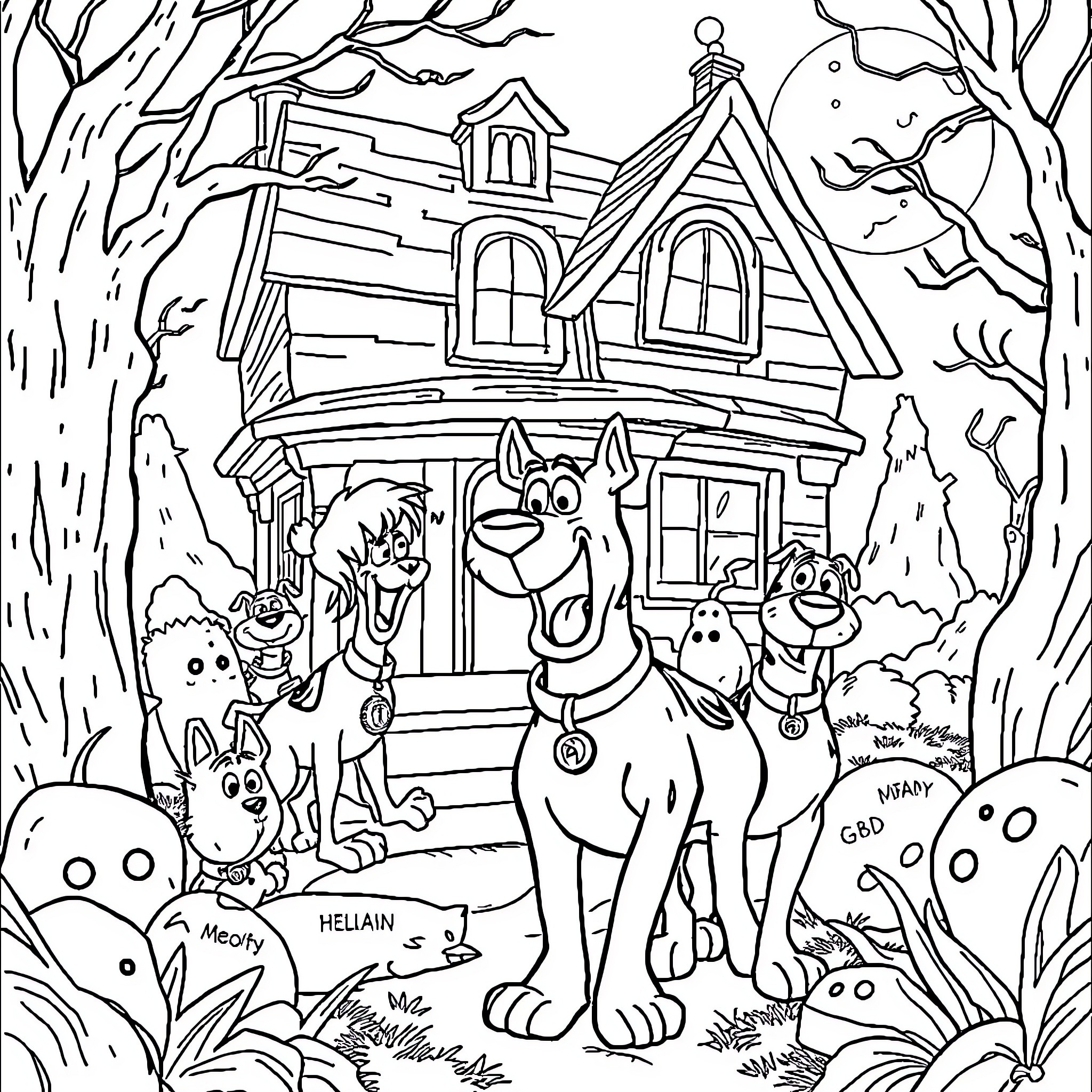 Scooby Doo and friends exploring the spooky haunted house Coloring Page (free black-and-white line drawing printable PDF for all, from beginners to advanced learners, including children, teens, adults, and seniors)