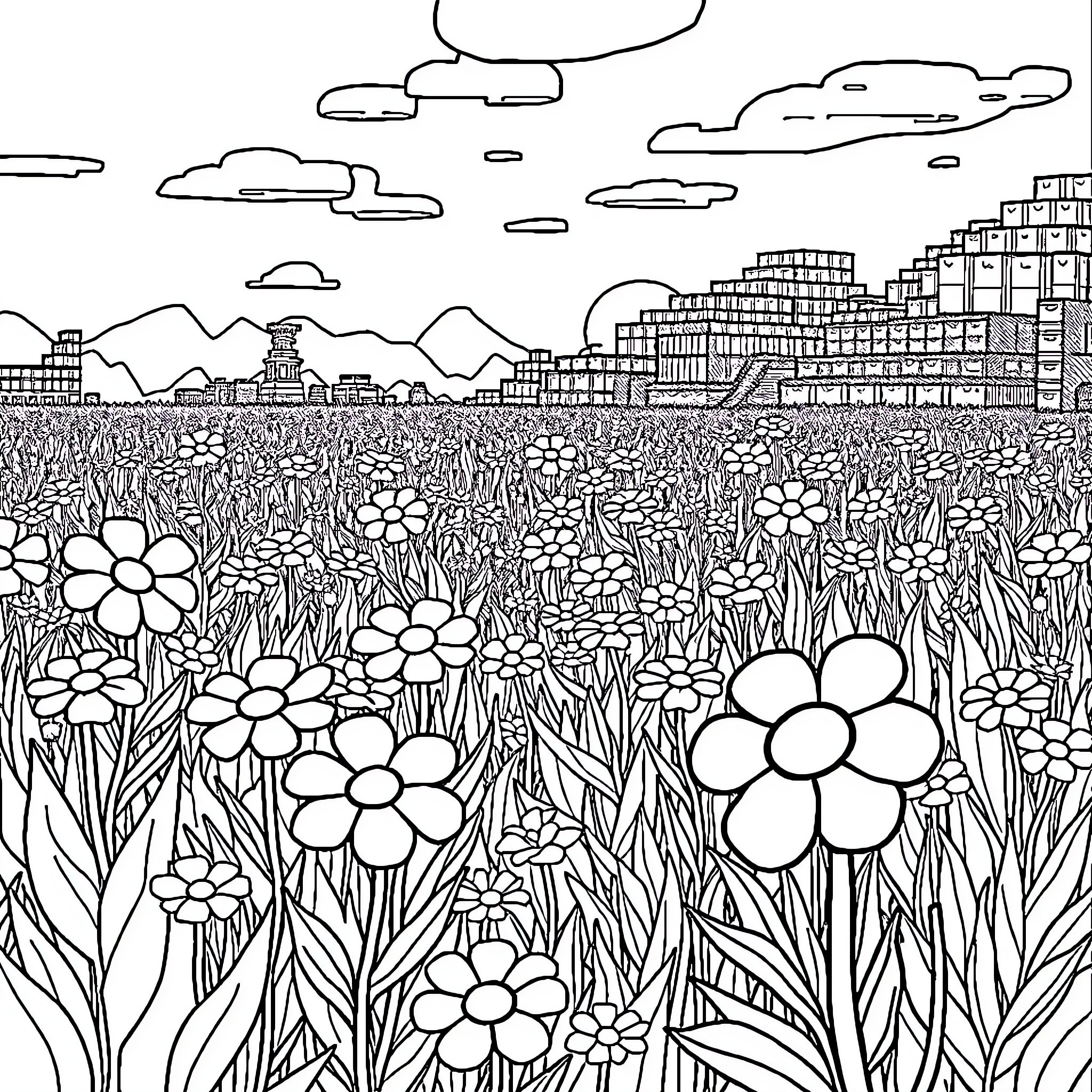 Minecraft Countryside with Flourishing Flowers Coloring Page (free black-and-white line drawing printable PDF for all, from beginners to advanced learners, including children, teens, adults, and seniors)