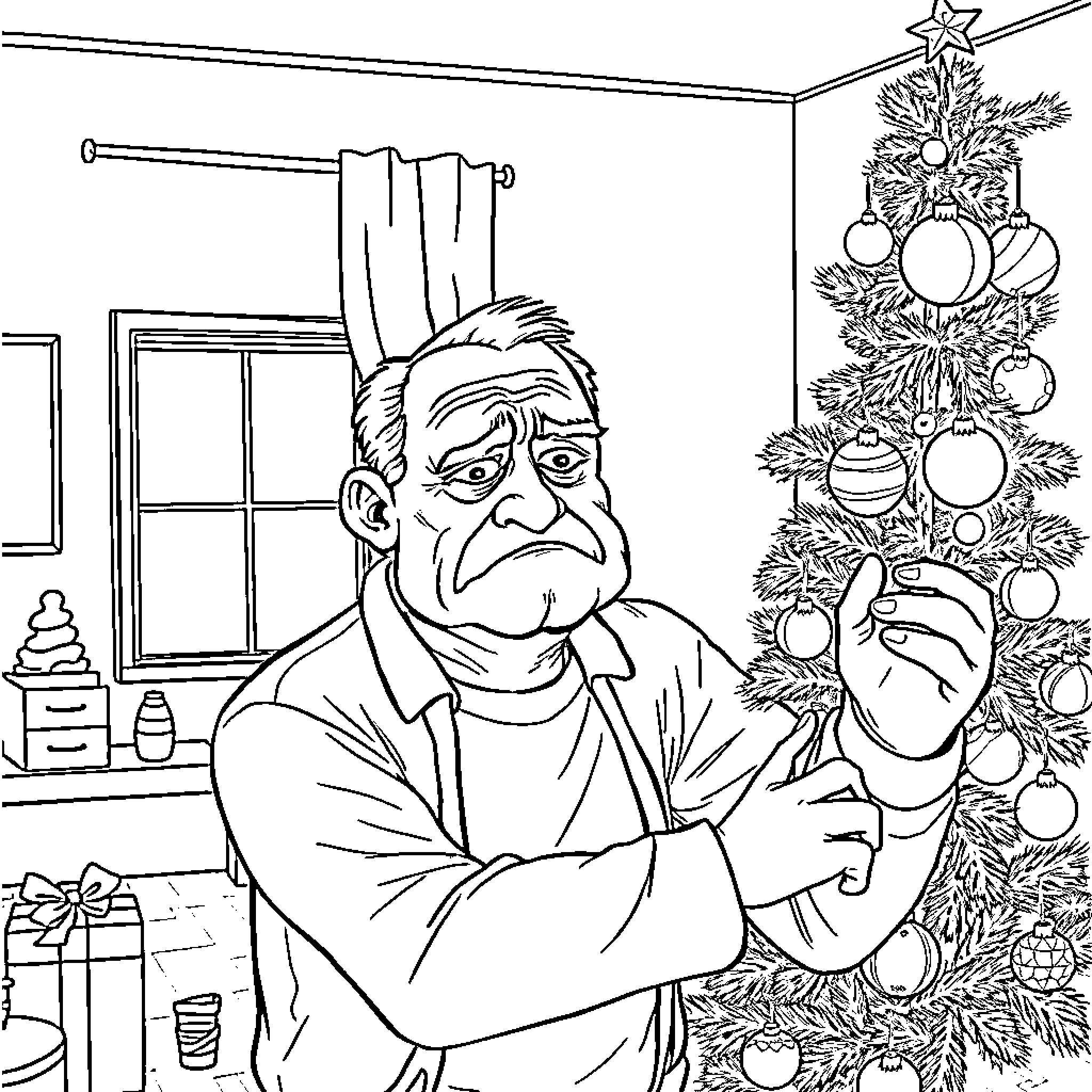 Christmas Tree Grump Feeling Unhappy Near Decorated Tree Coloring Page (free black-and-white line drawing printable PDF for all, from beginners to advanced learners, including children, teens, adults, and seniors)