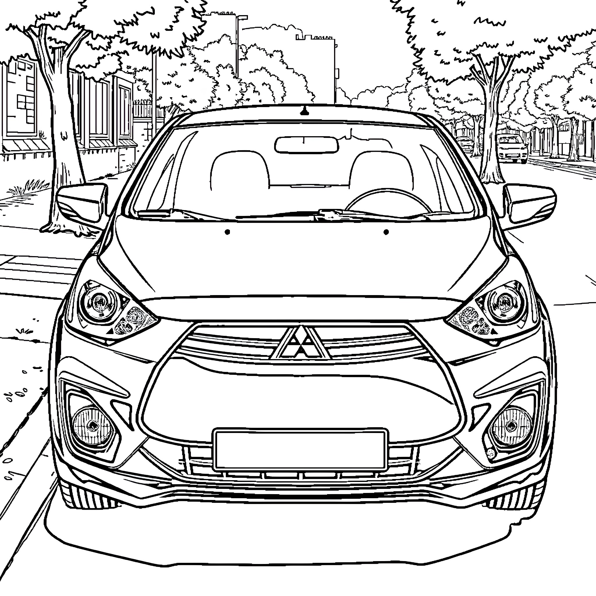 Mitsubishi Hatchback Parked on Quiet Urban Street Coloring Page (free black-and-white line drawing printable PDF for all, from beginners to advanced learners, including children, teens, adults, and seniors)
