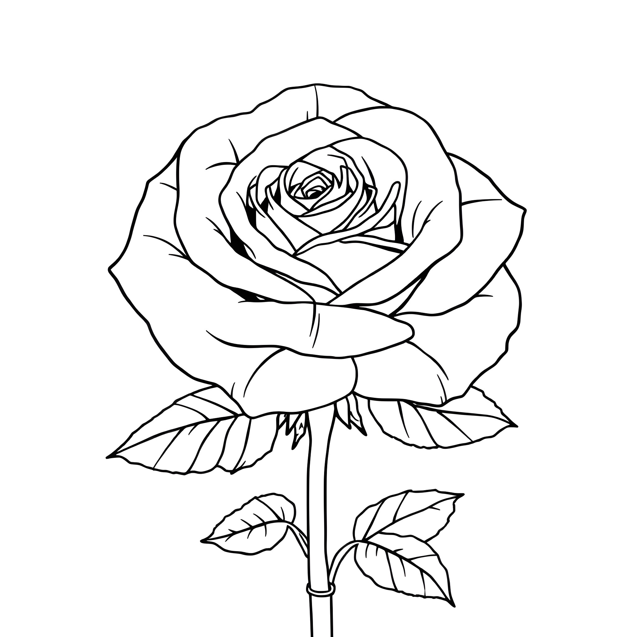 Rose blooming beautifully on the stem Coloring Page (free black-and-white line drawing printable PDF for all, from beginners to advanced learners, including children, teens, adults, and seniors)