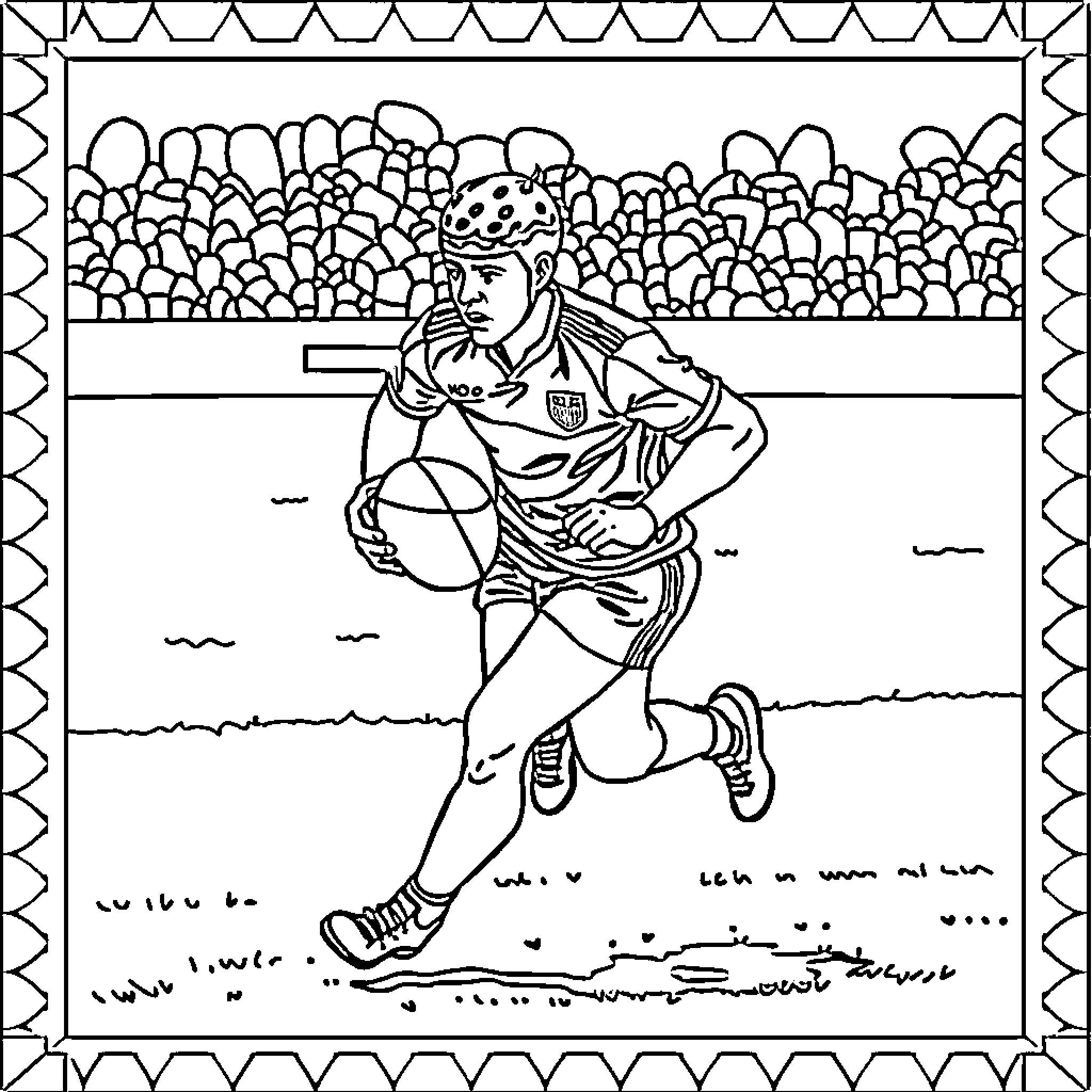 Football Player Running with Ball on Field Coloring Page (free black-and-white line drawing printable PDF for all, from beginners to advanced learners, including children, teens, adults, and seniors)