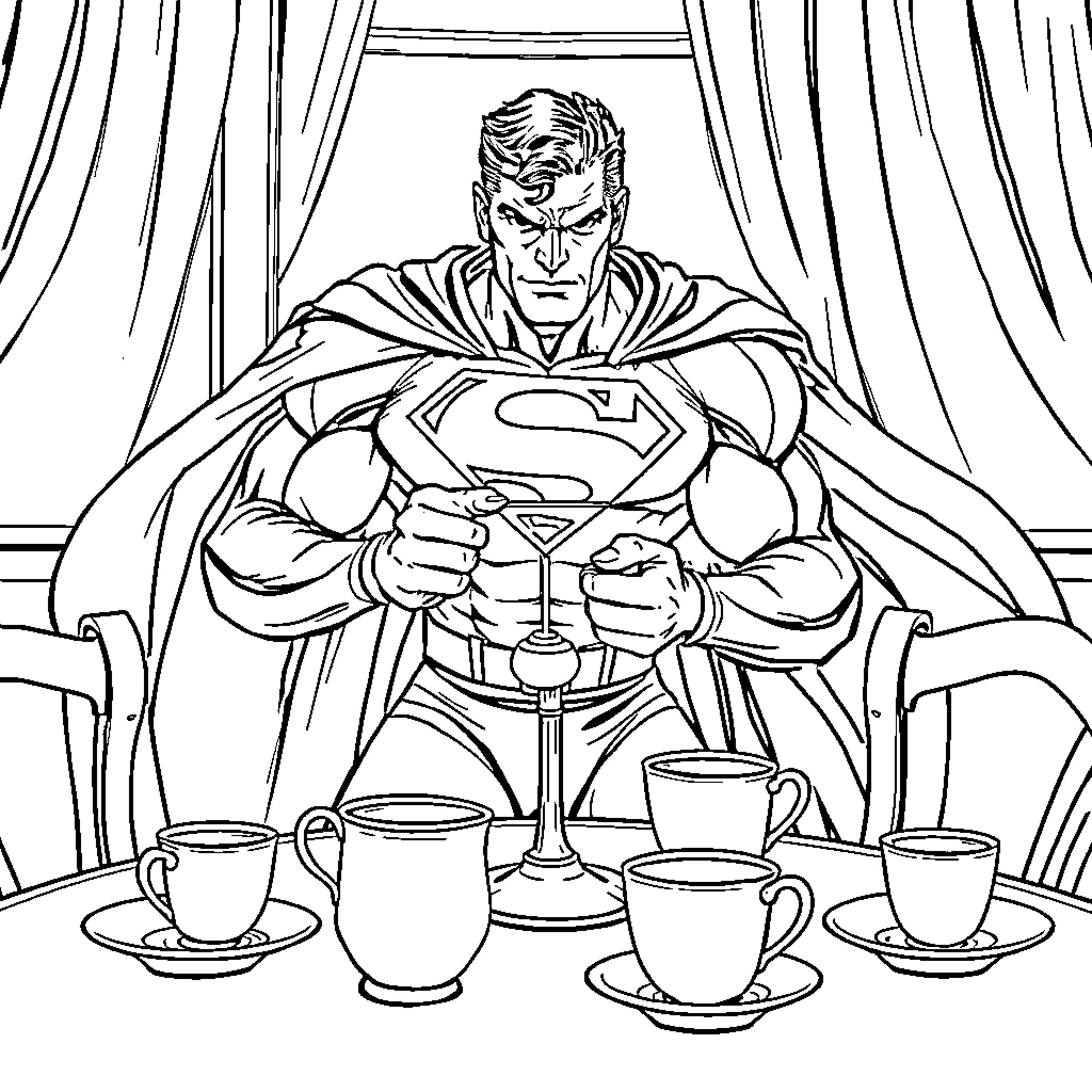Superman sitting at a table with tea cups Coloring Page (free black-and-white line drawing printable PDF for all, from beginners to advanced learners, including children, teens, adults, and seniors)
