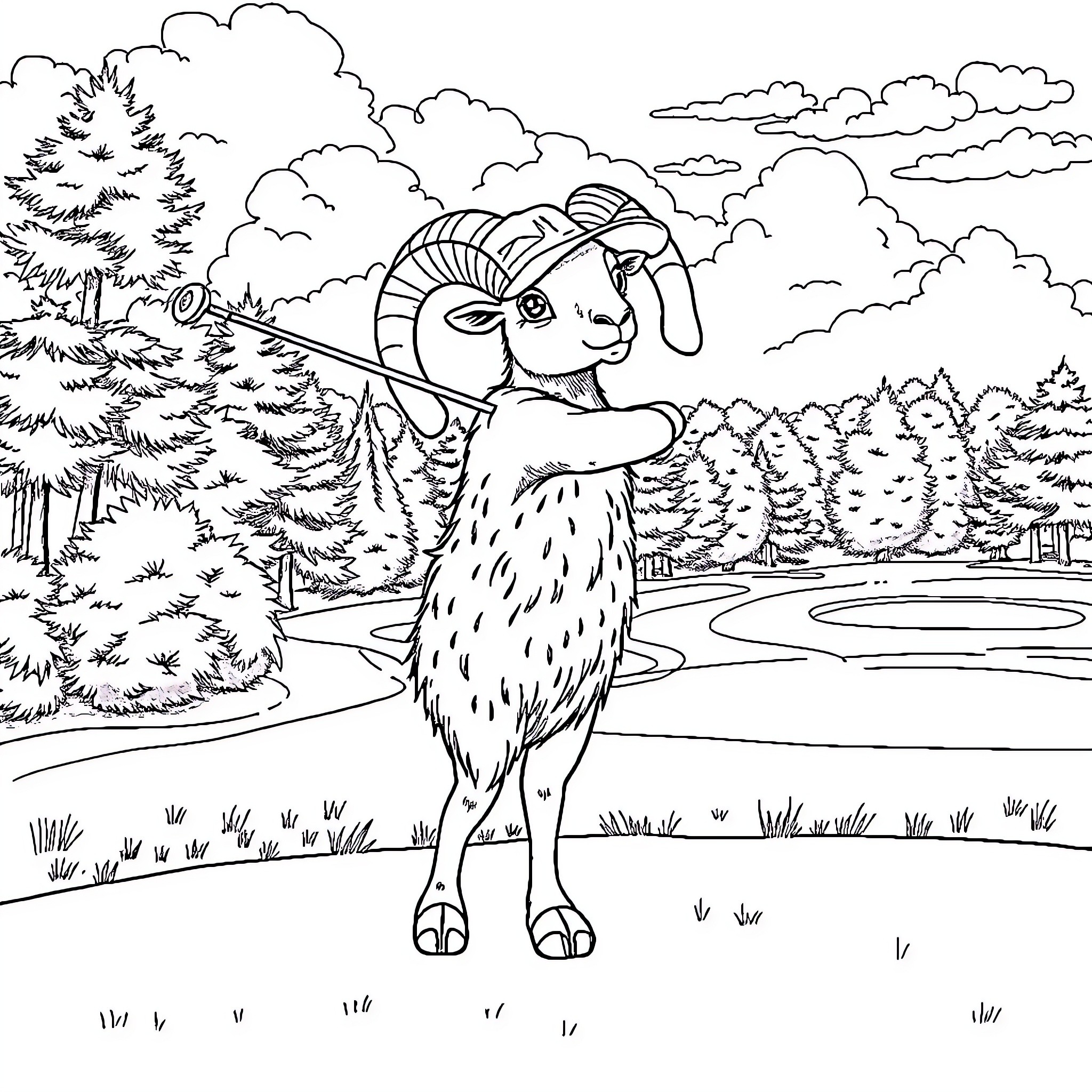 Ram exploring the wondrous forest landscape Coloring Page (free black-and-white line drawing printable PDF for all, from beginners to advanced learners, including children, teens, adults, and seniors)