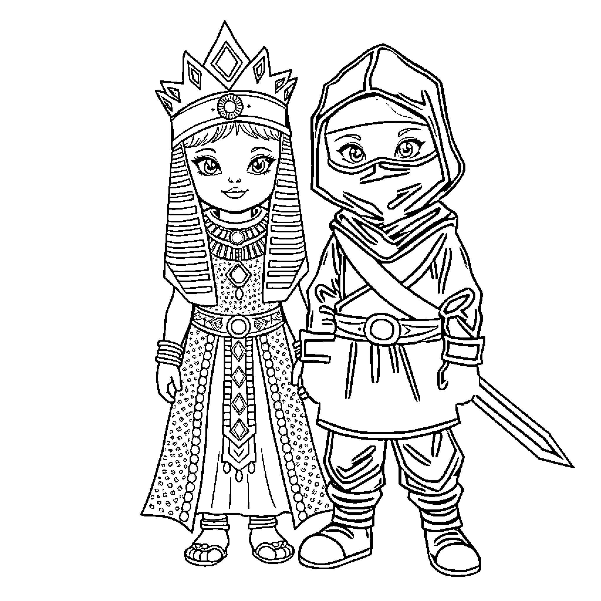 Child characters in traditional ethnic costumes Coloring Page (free black-and-white line drawing printable PDF for all, from beginners to advanced learners, including children, teens, adults, and seniors)