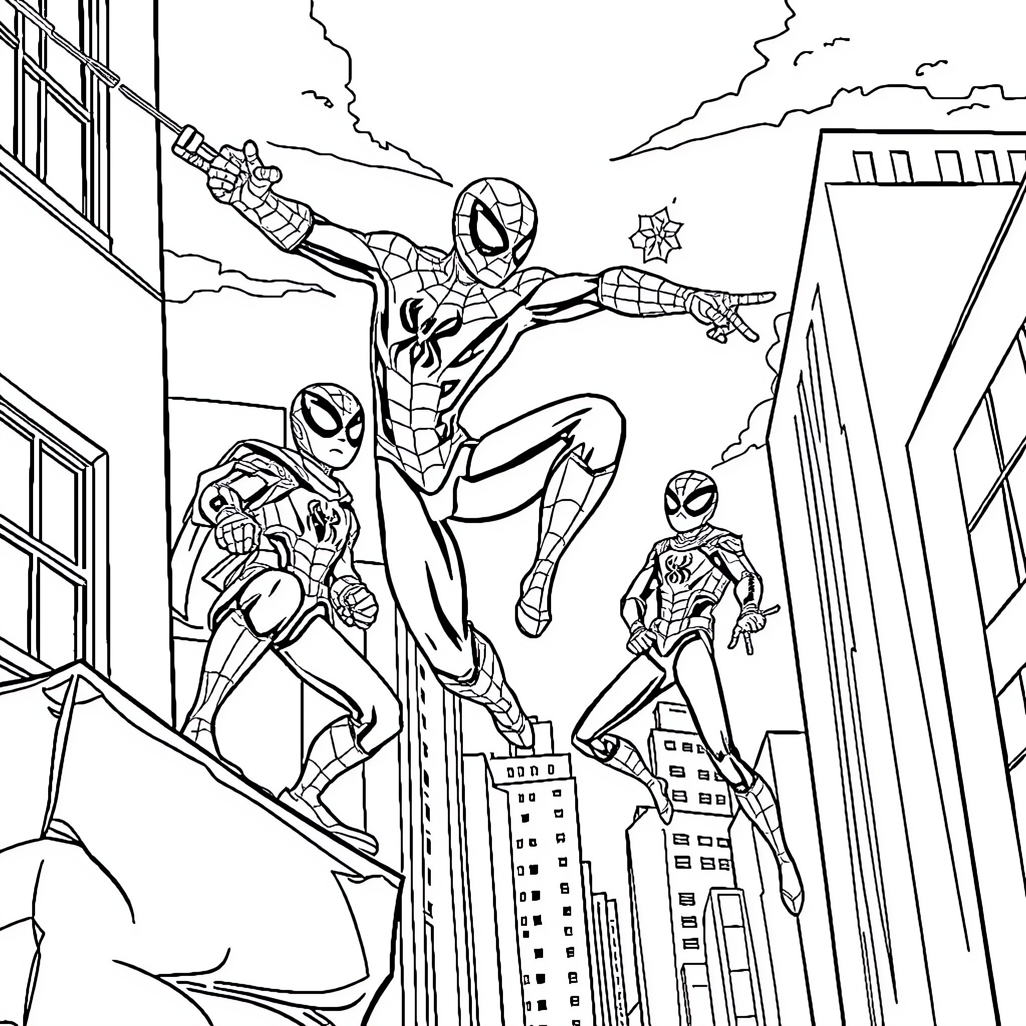 Patrol of Heroic Superheroes in the City Coloring Page (free black-and-white line drawing printable PDF for all, from beginners to advanced learners, including children, teens, adults, and seniors)