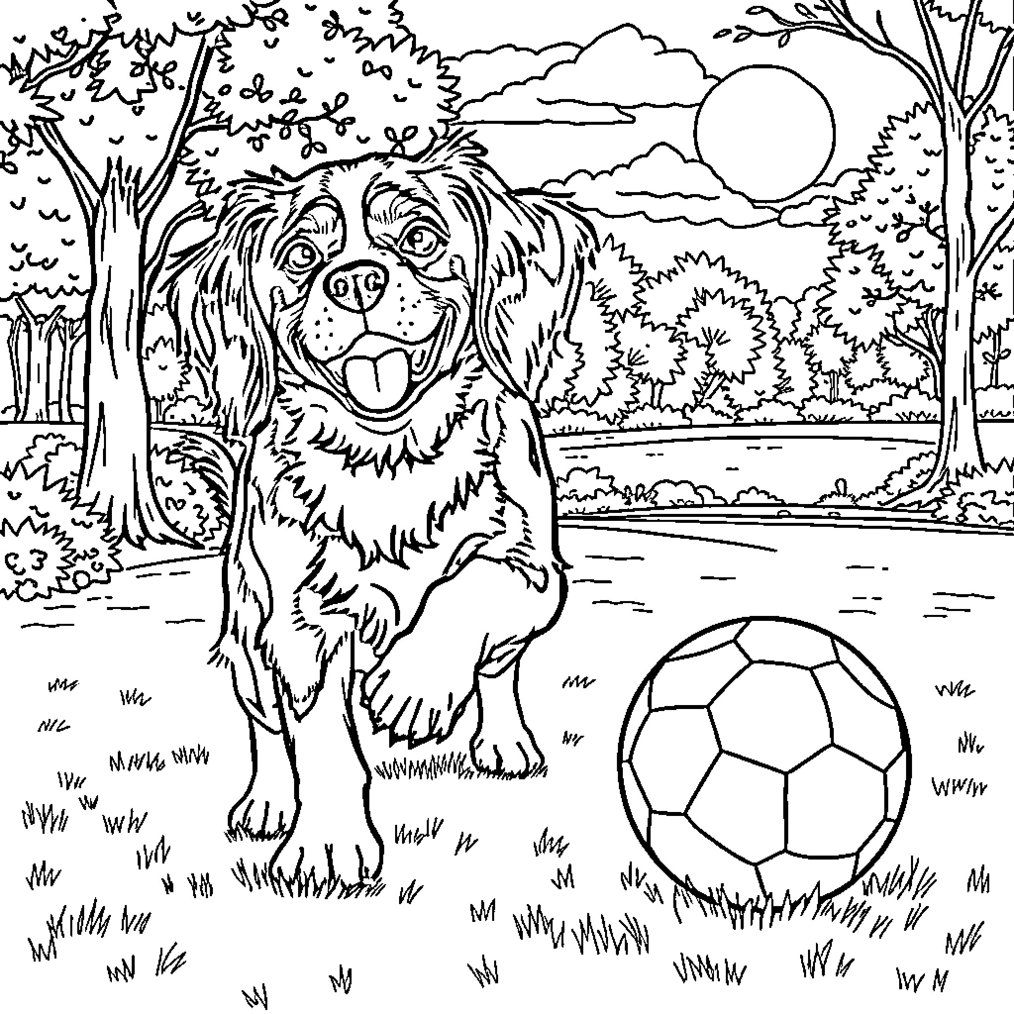 Cavalier King Charles playing with soccer ball in nature Coloring Page (free black-and-white line drawing printable PDF for all, from beginners to advanced learners, including children, teens, adults, and seniors)