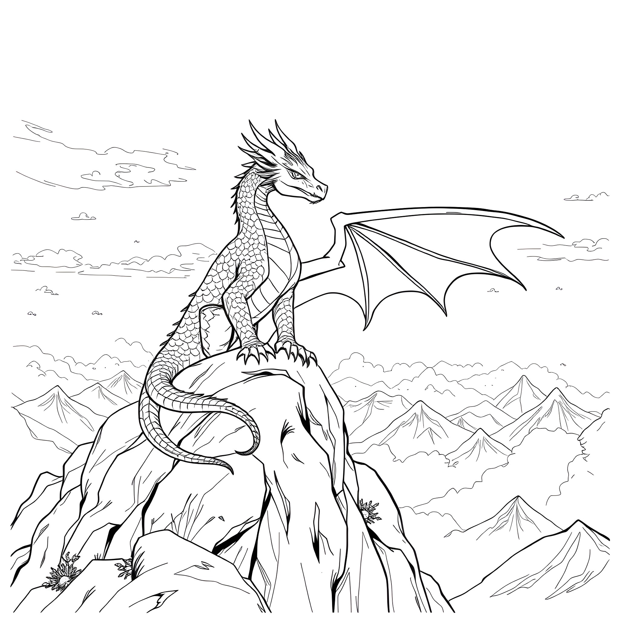 Kromie the Majestic Dragon on the Cliffside Coloring Page (free black-and-white line drawing printable PDF for all, from beginners to advanced learners, including children, teens, adults, and seniors)