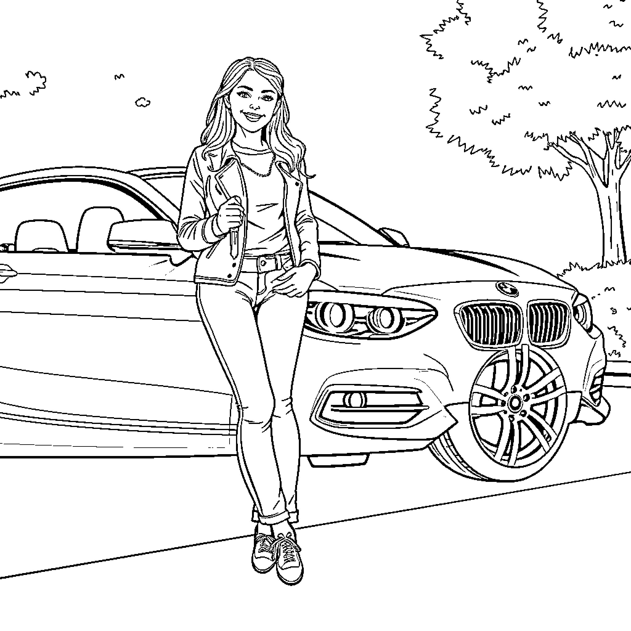 Woman posing confidently next to luxury car Coloring Page (free black-and-white line drawing printable PDF for all, from beginners to advanced learners, including children, teens, adults, and seniors)