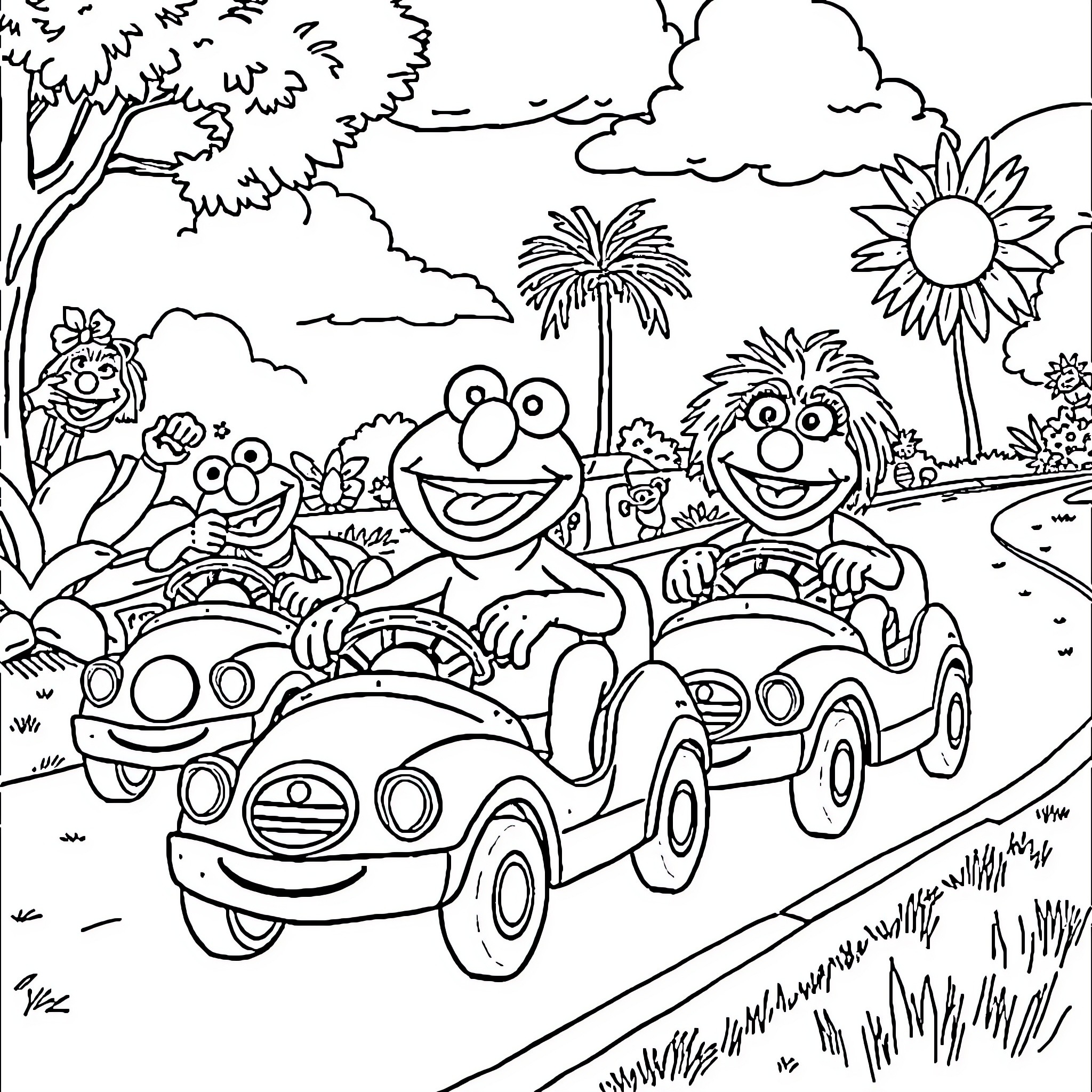 Muppet Friends Enjoying a Scenic Road Trip Coloring Page (free black-and-white line drawing printable PDF for all, from beginners to advanced learners, including children, teens, adults, and seniors)
