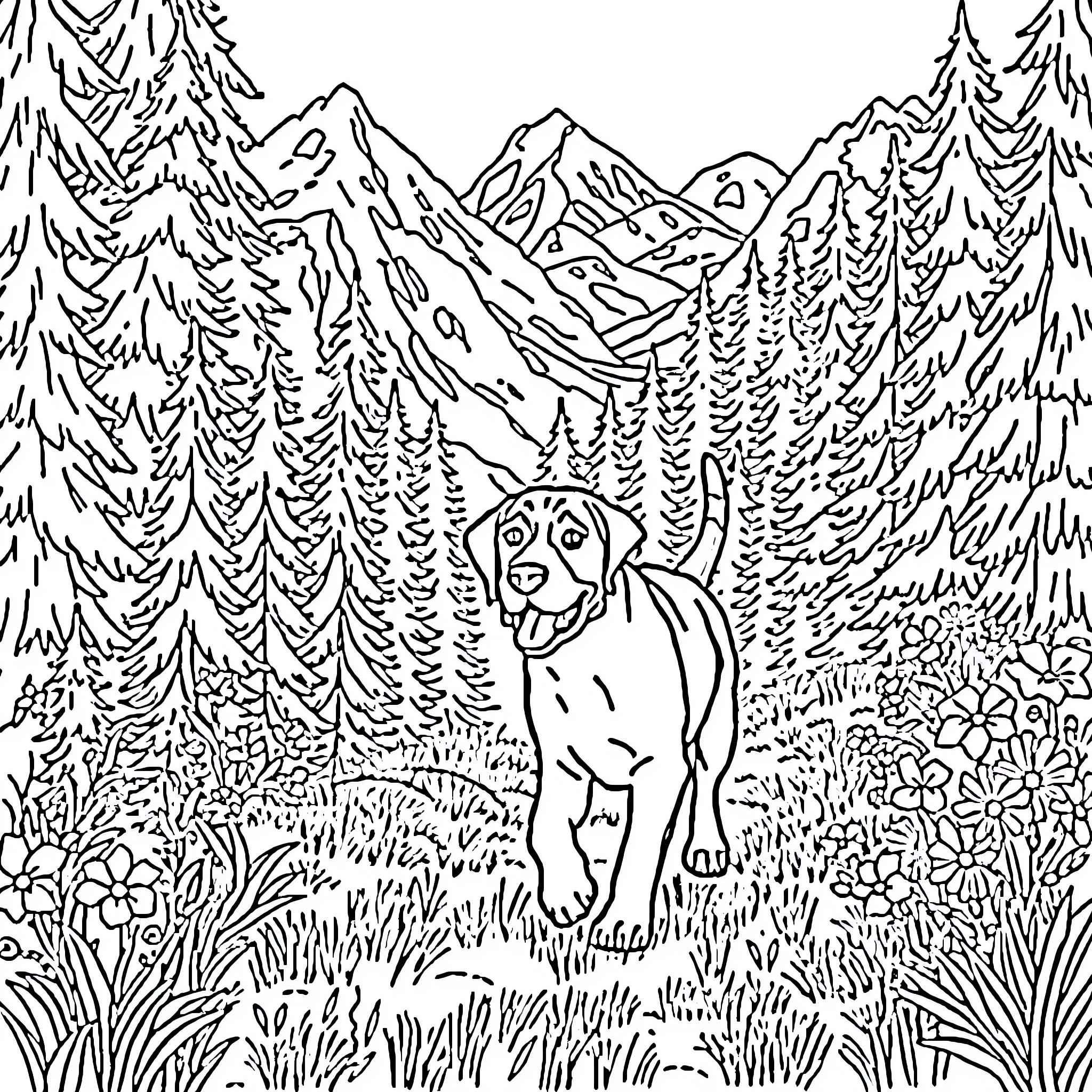 Beagle exploring the scenic mountain landscape Coloring Page (free black-and-white line drawing printable PDF for all, from beginners to advanced learners, including children, teens, adults, and seniors)