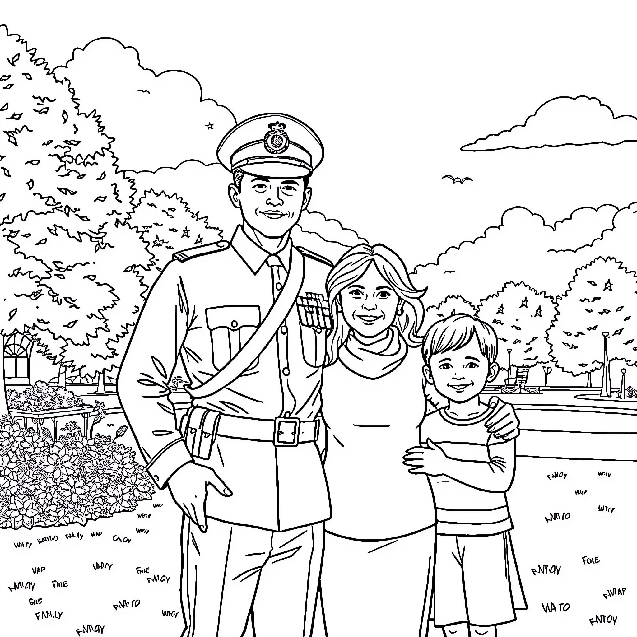 Military Person and Family in Park Coloring Page (free black-and-white line drawing printable PDF for all, from beginners to advanced learners, including children, teens, adults, and seniors)