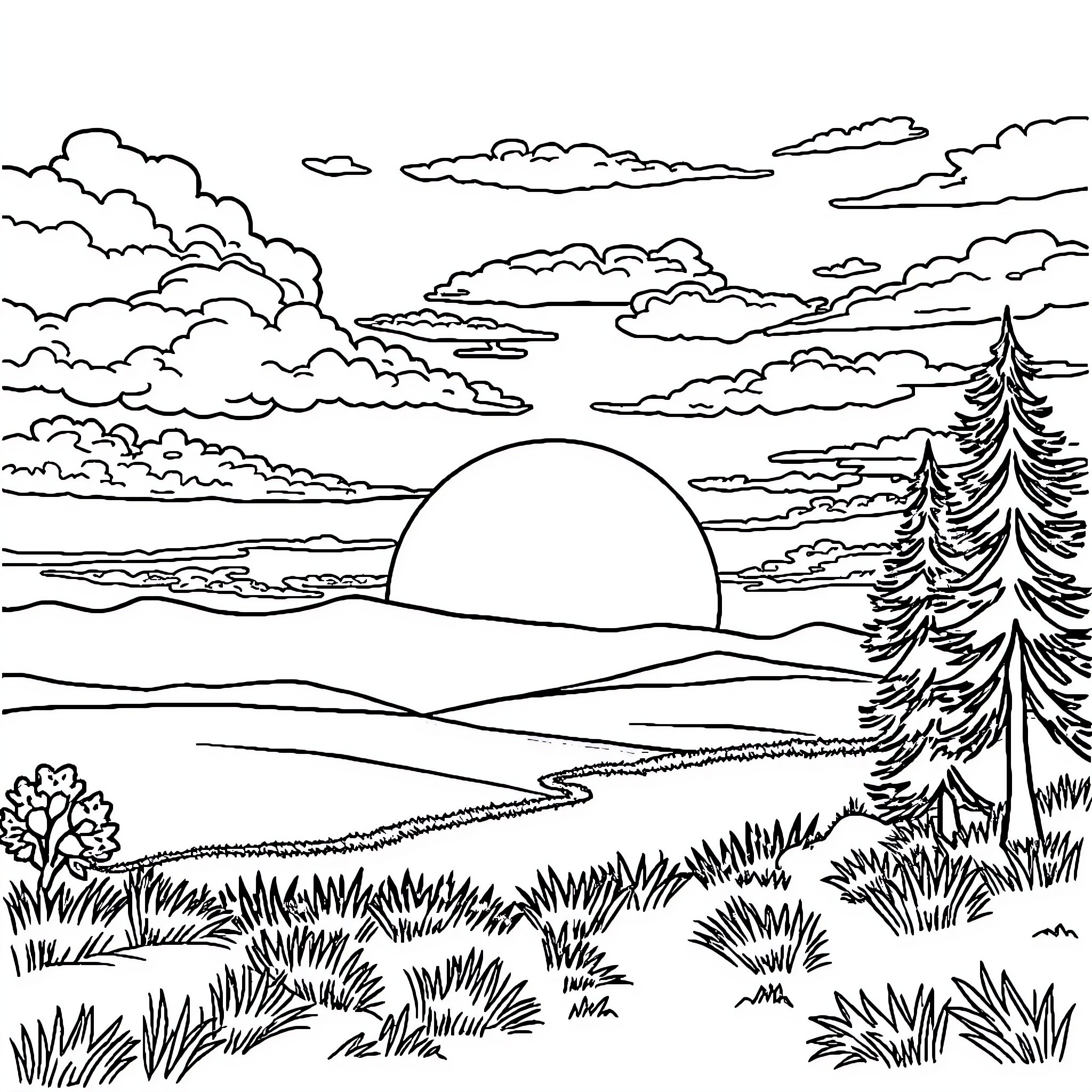 Sunrise over a serene landscape with trees and clouds Coloring Page (free black-and-white line drawing printable PDF for all, from beginners to advanced learners, including children, teens, adults, and seniors)