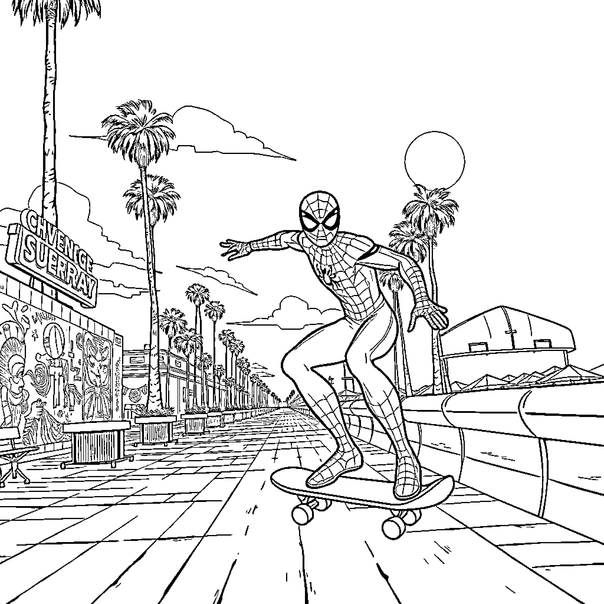 Spider-Man skateboarding along a coastal boardwalk Coloring Page (free black-and-white line drawing printable PDF for all, from beginners to advanced learners, including children, teens, adults, and seniors)