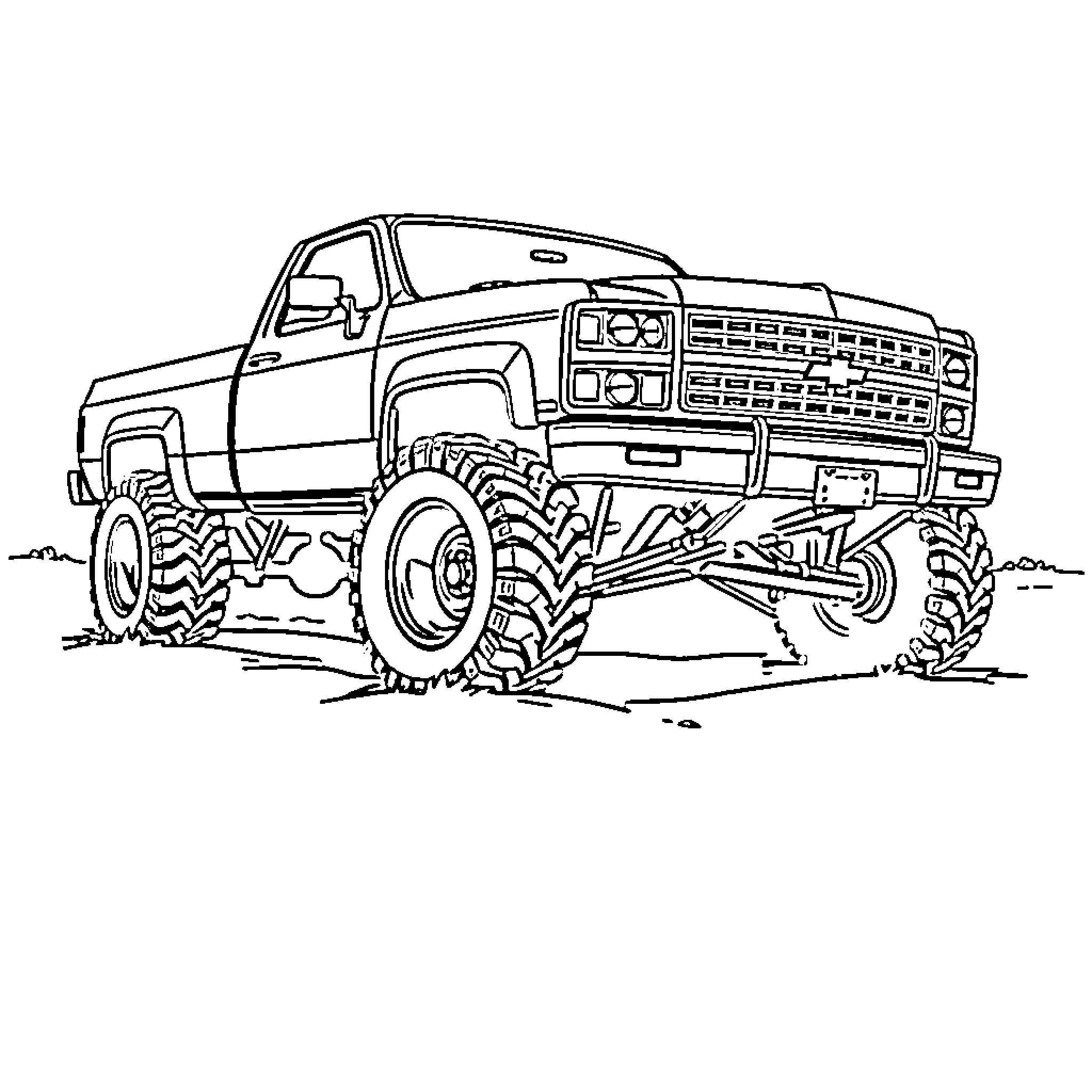 Chevy Monster Truck Climbing Over Rough Terrain Coloring Page (free black-and-white line drawing printable PDF for all, from beginners to advanced learners, including children, teens, adults, and seniors)