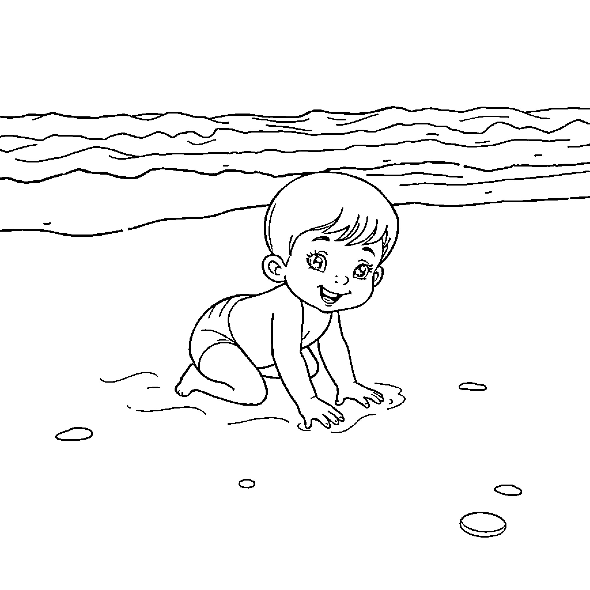 Gaby playing happily on the beach Coloring Page (free black-and-white line drawing printable PDF for all, from beginners to advanced learners, including children, teens, adults, and seniors)