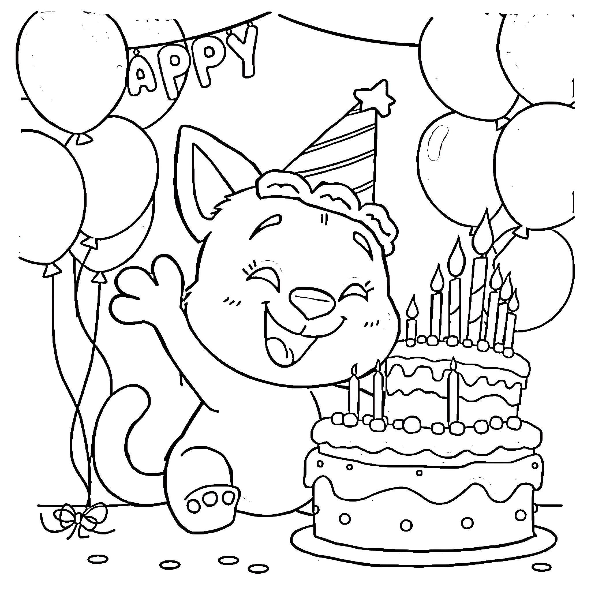 Bluey's Joyful Birthday Celebration Coloring Page (free black-and-white line drawing printable PDF for all, from beginners to advanced learners, including children, teens, adults, and seniors)