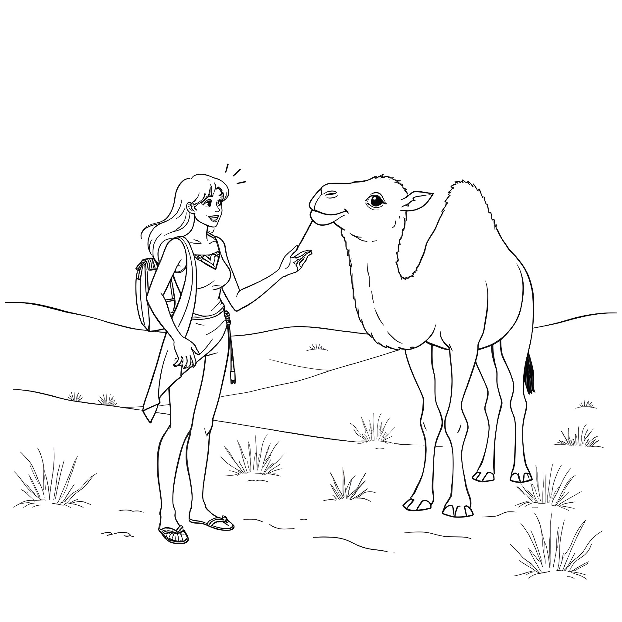 Camel and a woman in the desert Coloring Page (free black-and-white line drawing printable PDF for all, from beginners to advanced learners, including children, teens, adults, and seniors)