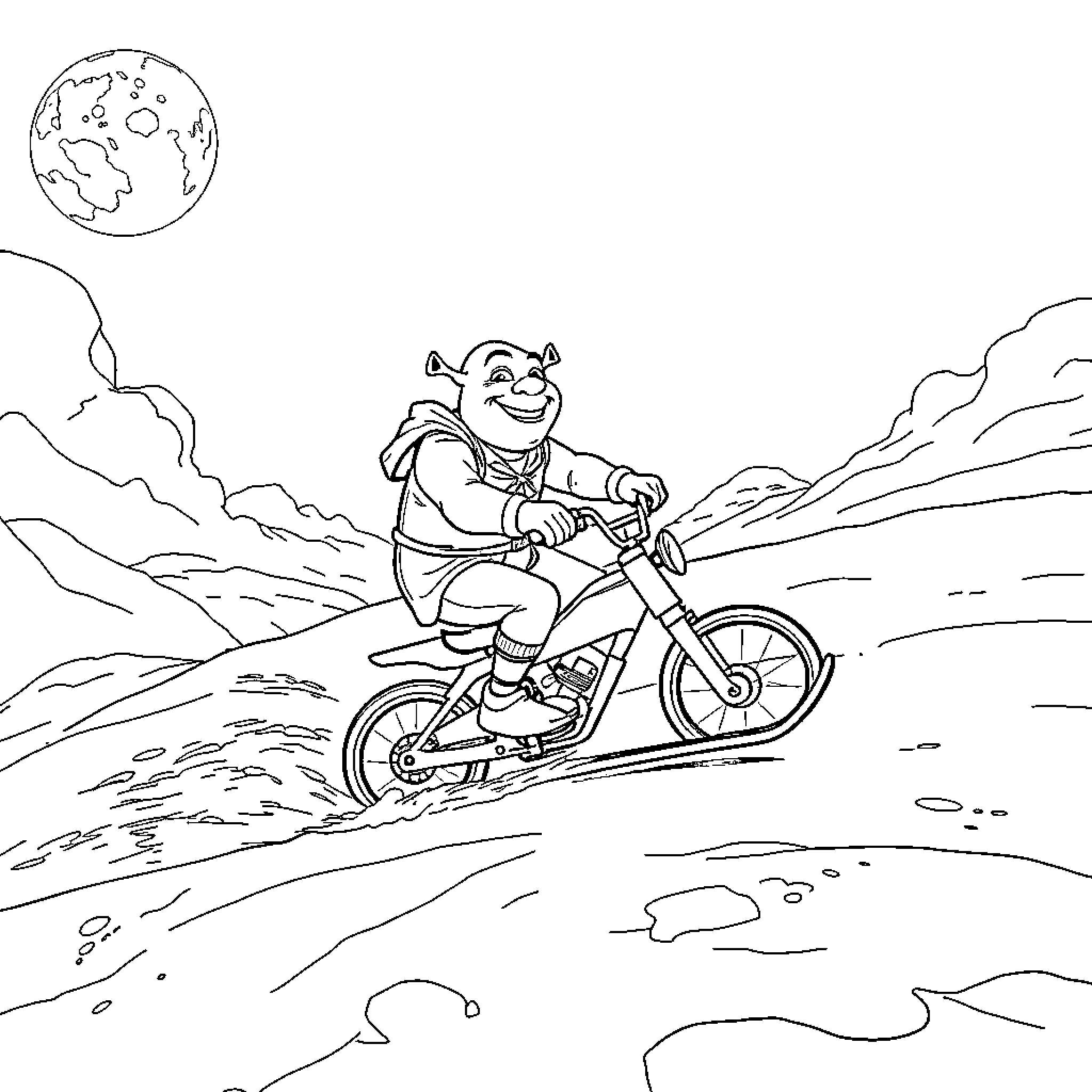 Shrek riding a motorcycle through the mountains Coloring Page (free black-and-white line drawing printable PDF for all, from beginners to advanced learners, including children, teens, adults, and seniors)