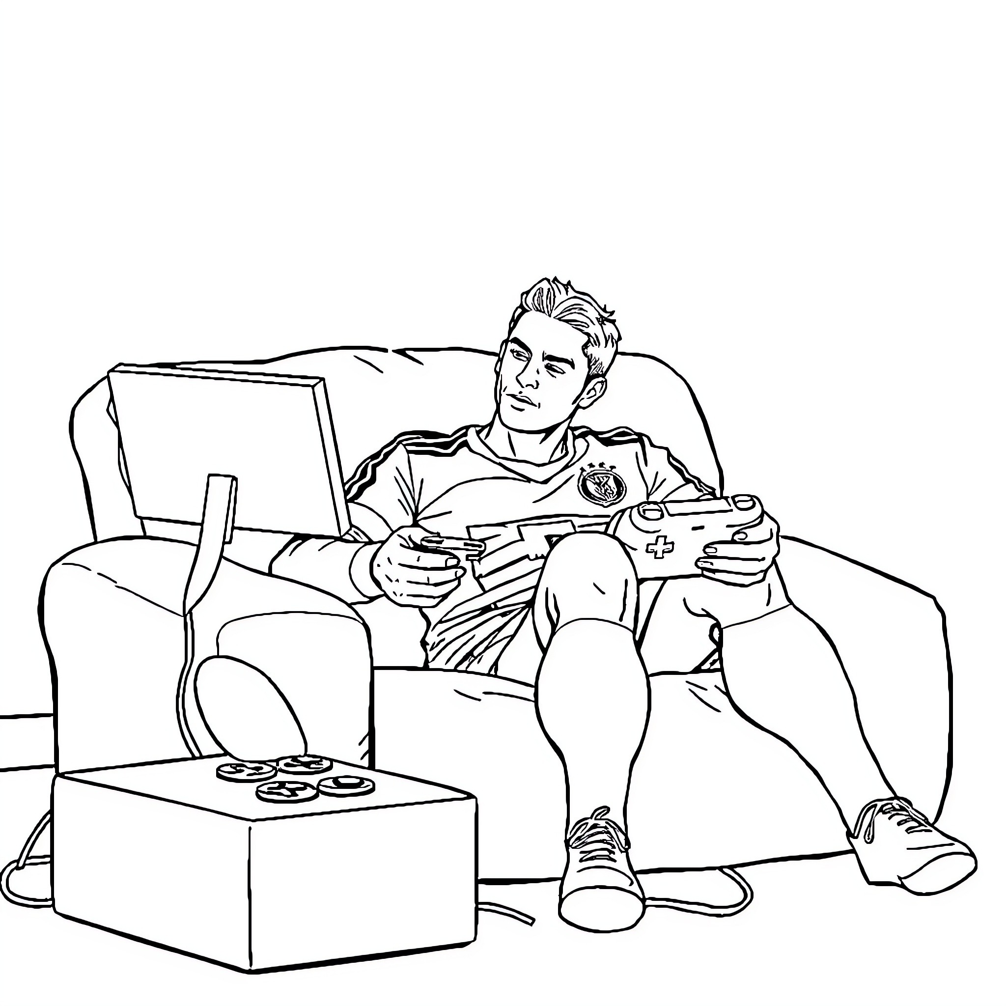 Ronaldo playing video games on the couch Coloring Page (free black-and-white line drawing printable PDF for all, from beginners to advanced learners, including children, teens, adults, and seniors)