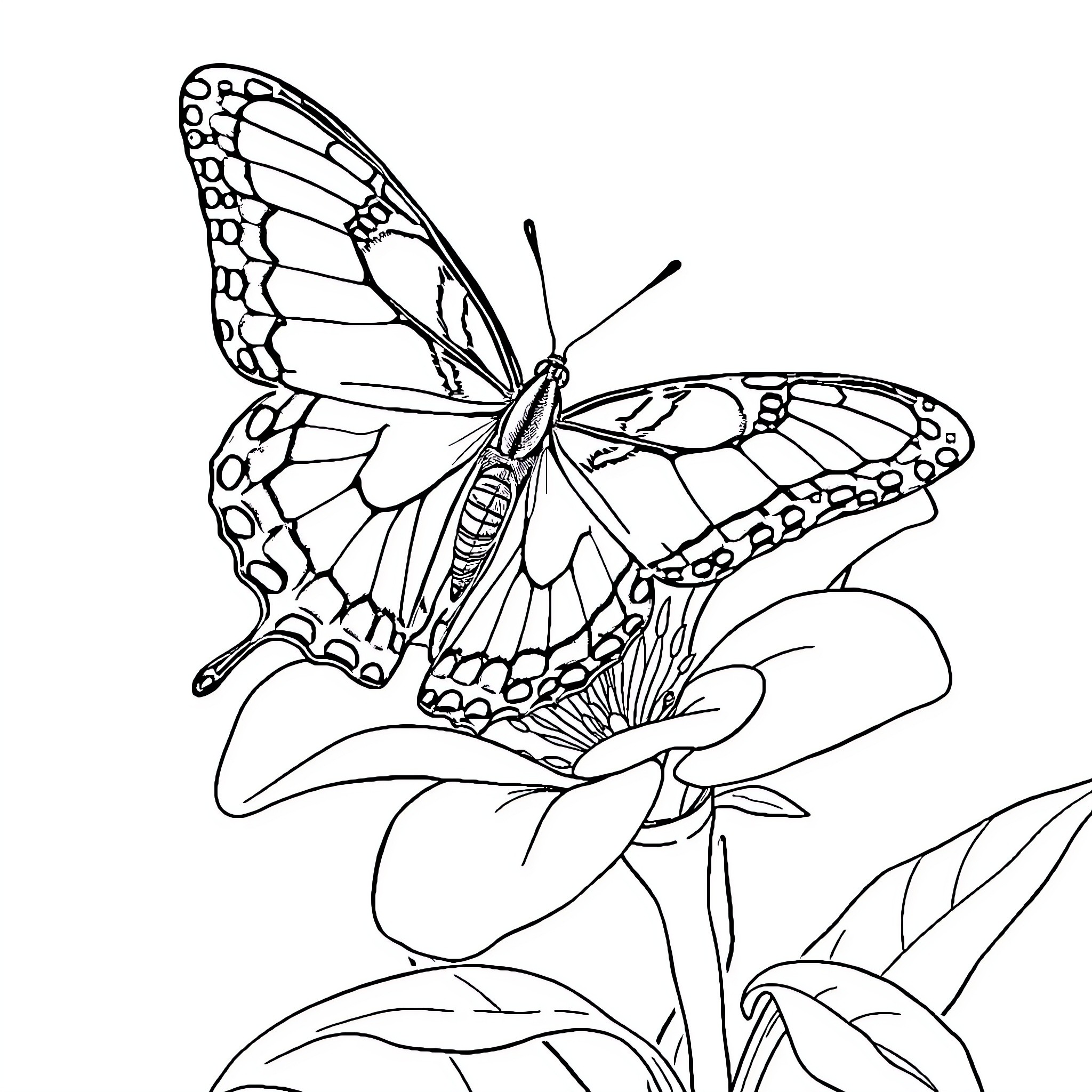 Butterfly resting gracefully on a flower Coloring Page (free black-and-white line drawing printable PDF for all, from beginners to advanced learners, including children, teens, adults, and seniors)