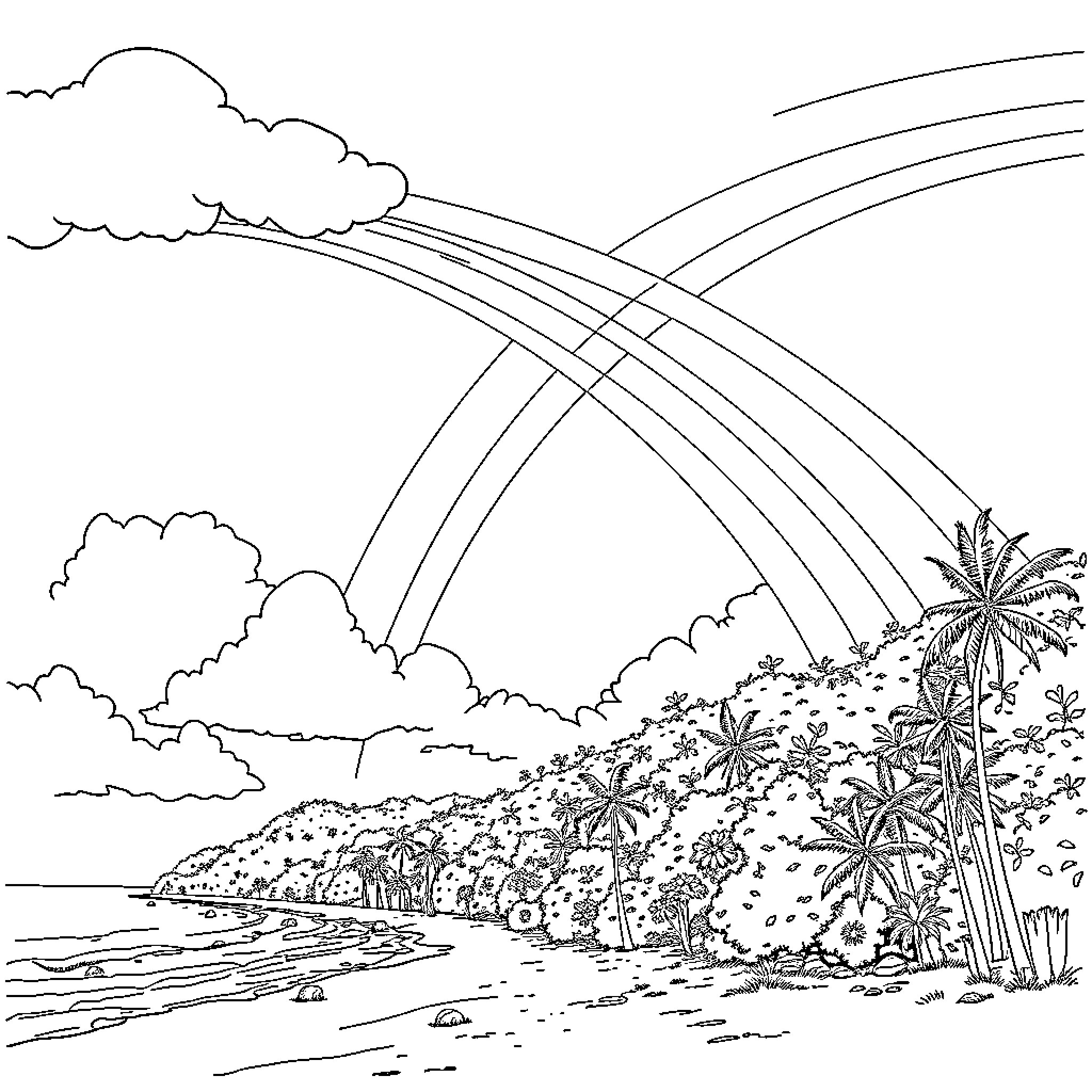 Sun shines over tropical beach scenery Coloring Page (free black-and-white line drawing printable PDF for all, from beginners to advanced learners, including children, teens, adults, and seniors)